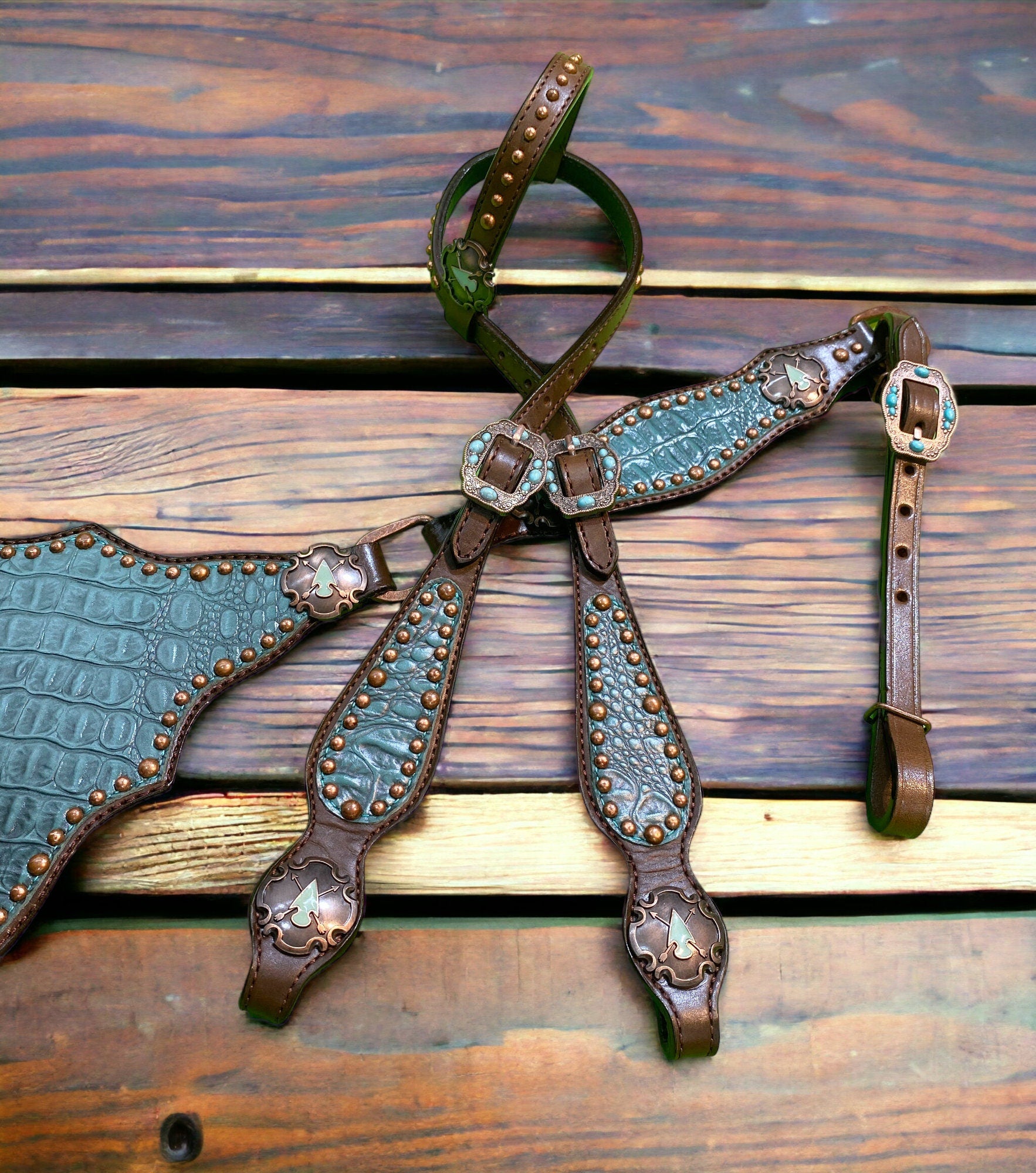 MOUSM Western Headstall & Breast Collar Set – Made with Argentina Cow Leather, Western Horse Tack with Teal Alligator Accents & Copper Studs