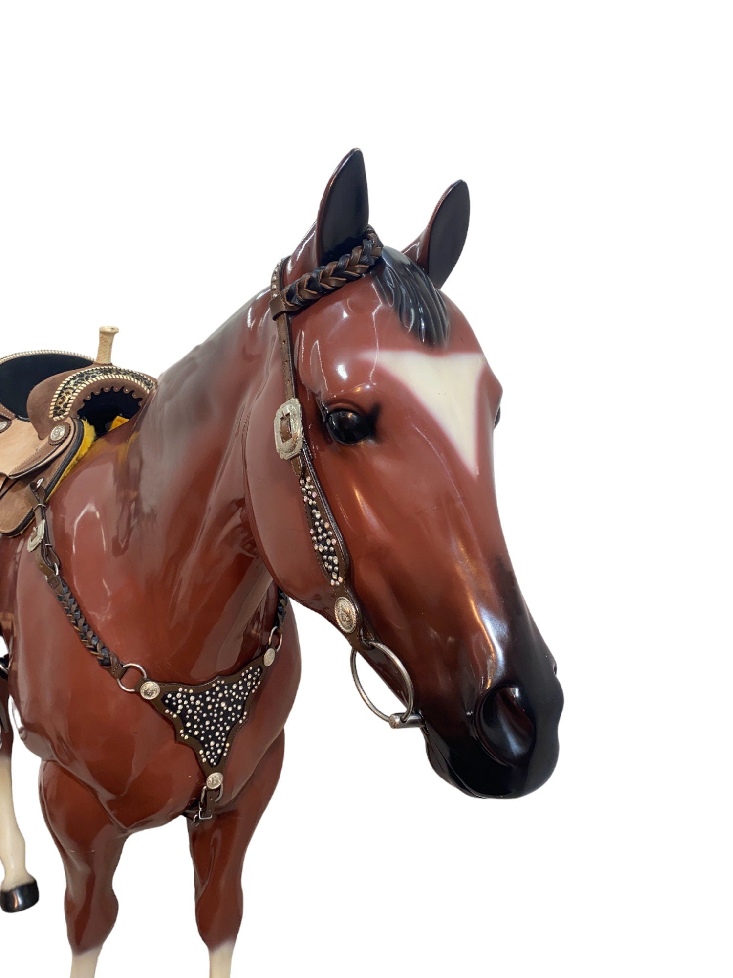 MOUSM Argentina Cow Leather Headstall & Breast Collar Set – Western Horse Tack with Clear Rivets, Silver Studs & Black Alligator Accents