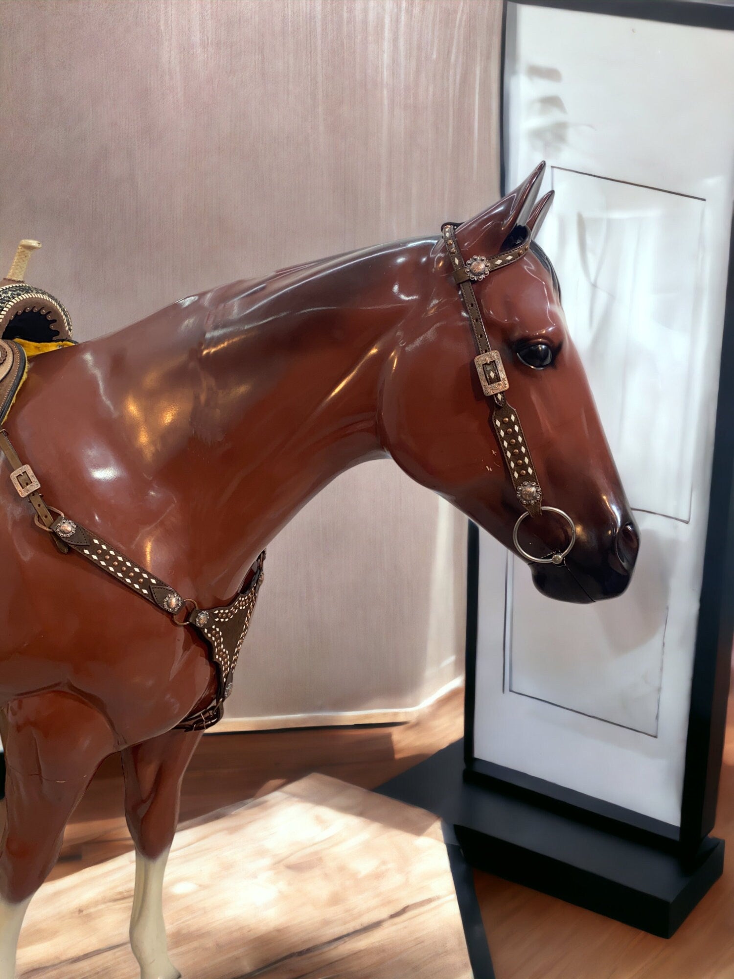 MOUSM Argentina Cow Leather Breast Collar and Headstall Set – Western Horse Bridle Set with White Rawhide Buck Stitching, Antique Copper Studs
