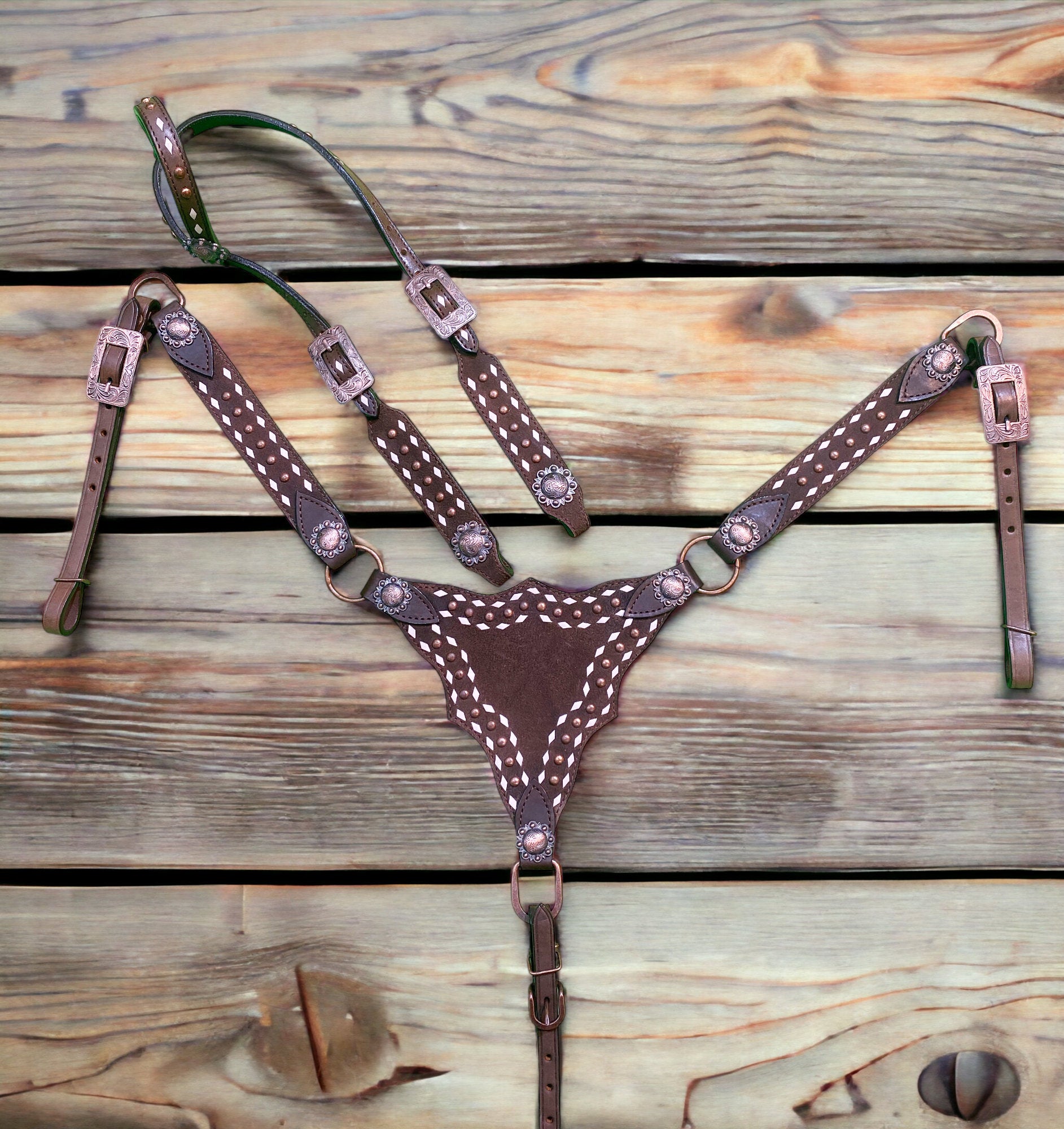 MOUSM Argentina Cow Leather Breast Collar and Headstall Set – Western Horse Bridle Set with White Rawhide Buck Stitching, Antique Copper Studs