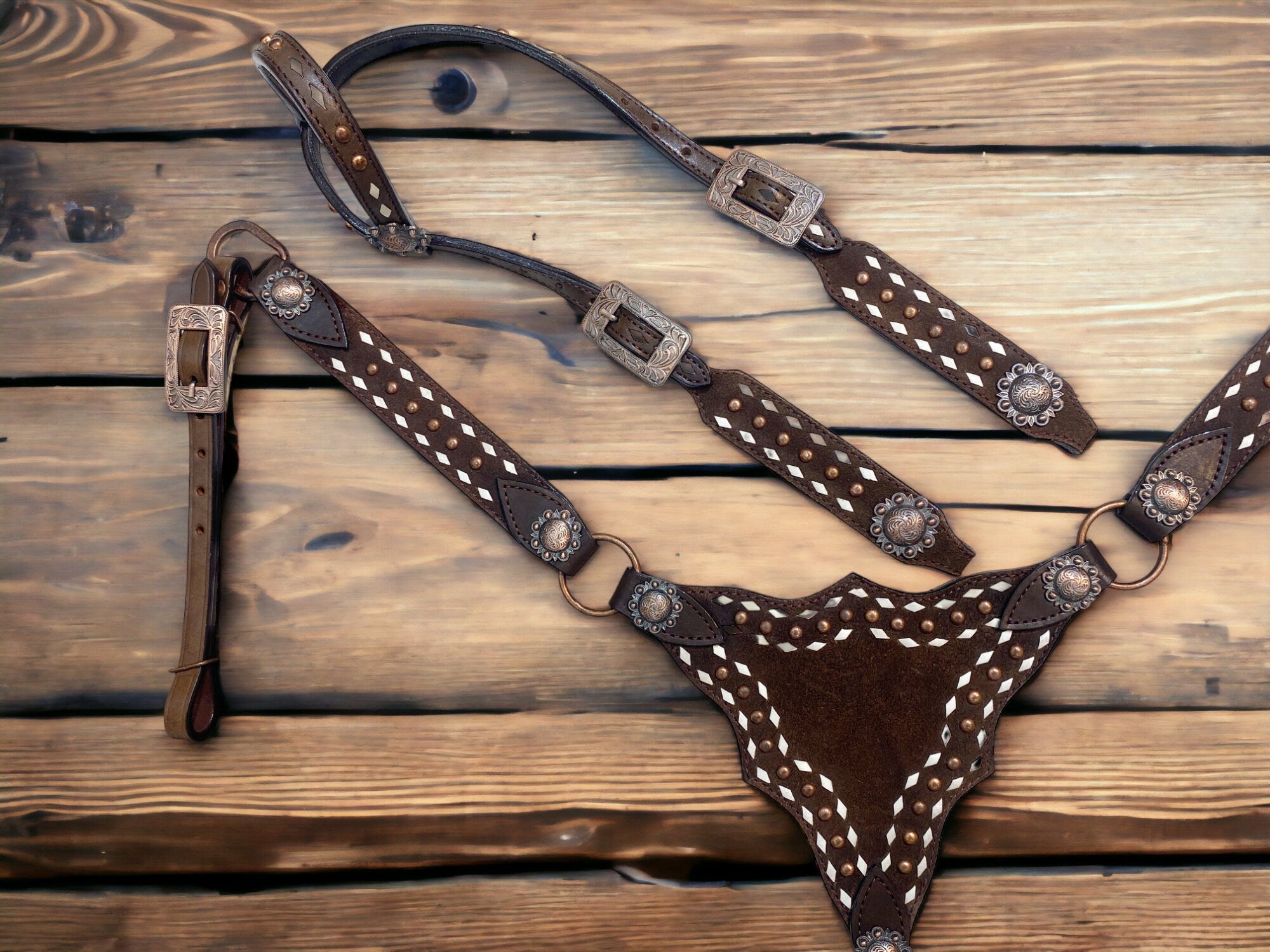 MOUSM Argentina Cow Leather Breast Collar and Headstall Set – Western Horse Bridle Set with White Rawhide Buck Stitching, Antique Copper Studs