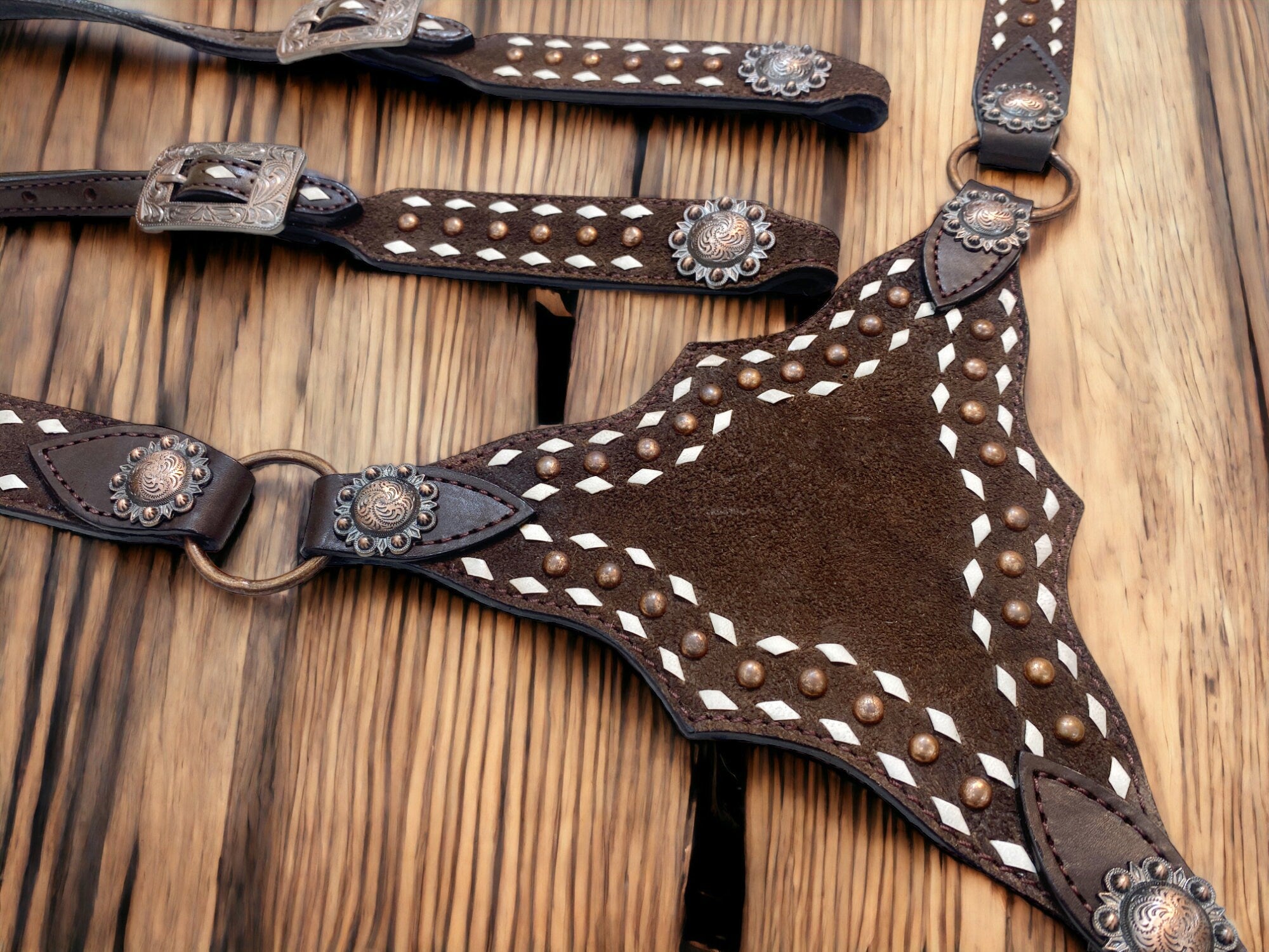 MOUSM Argentina Cow Leather Breast Collar and Headstall Set – Western Horse Bridle Set with White Rawhide Buck Stitching, Antique Copper Studs