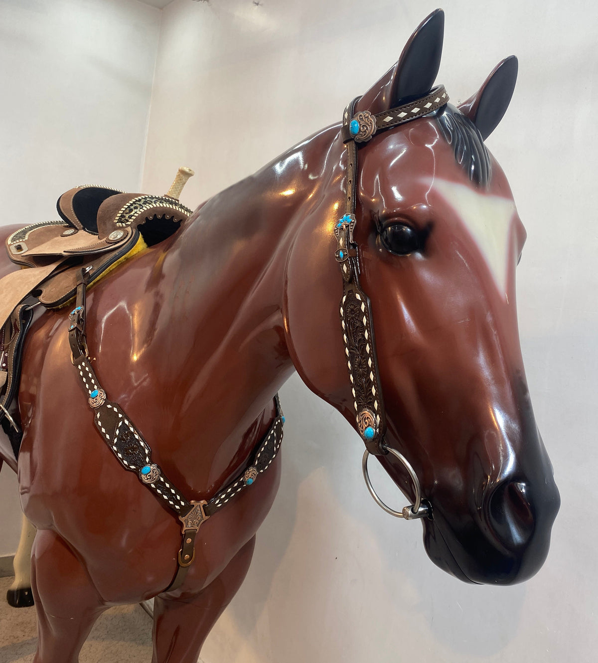 Hand Carved Floral with Rawhide Buck Stitching Headstall Set