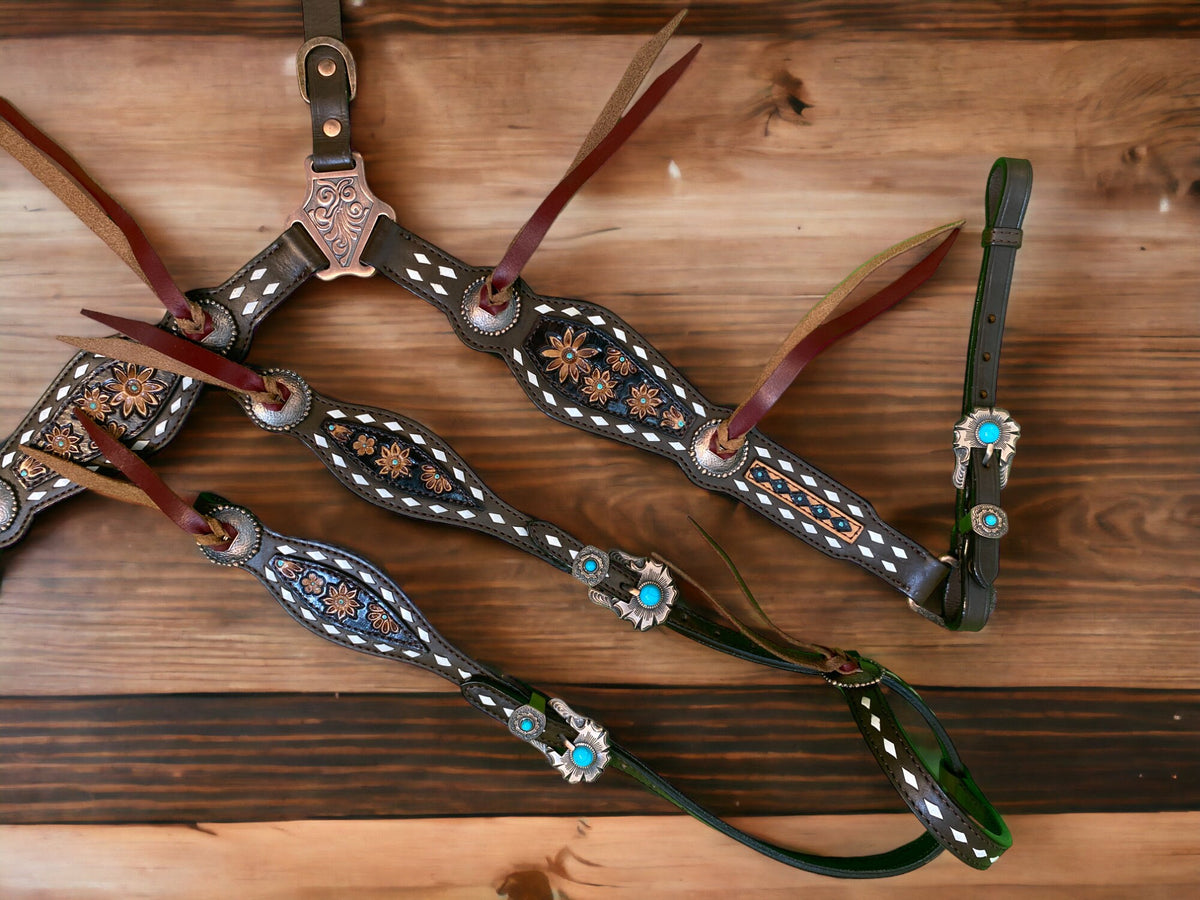 Leather Laces Horse Headstall Set Hand Carved Floral Design