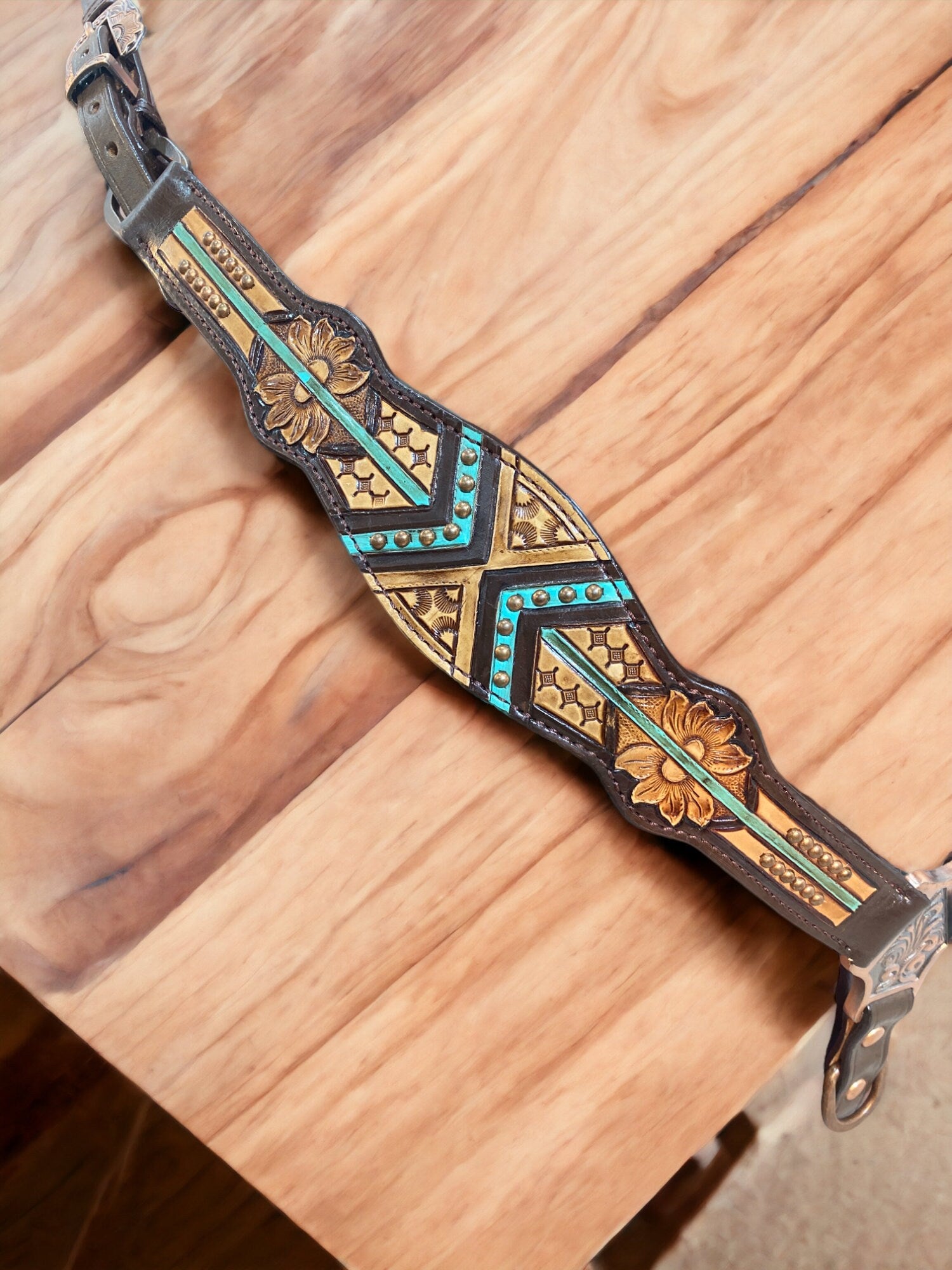 MOUSM Argentina Cow Leather Headstall and Breast Collar Set – Western Horse Tack with Geometrical Flower Carving & Copper Studs