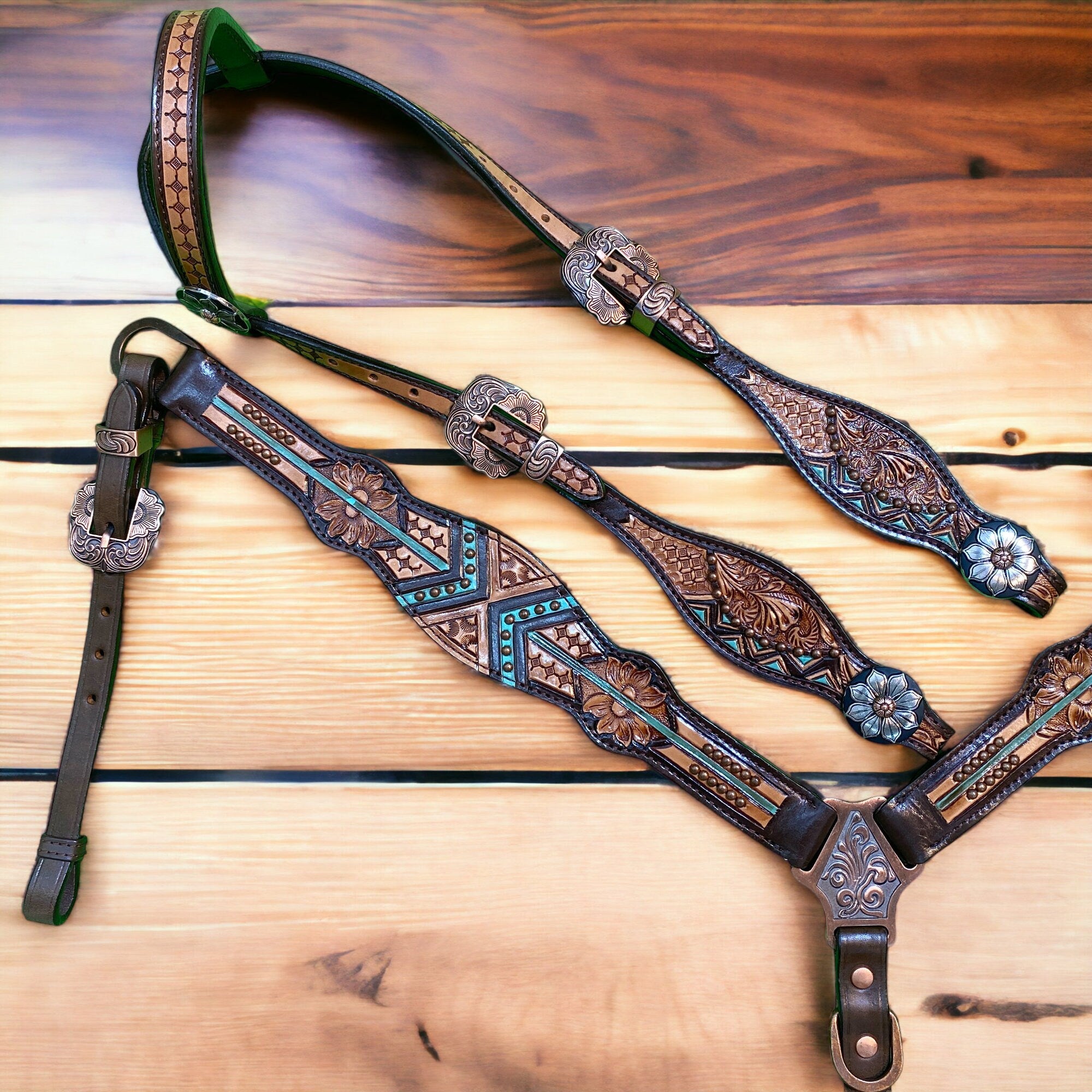 MOUSM Argentina Cow Leather Headstall and Breast Collar Set – Western Horse Tack with Geometrical Flower Carving & Copper Studs