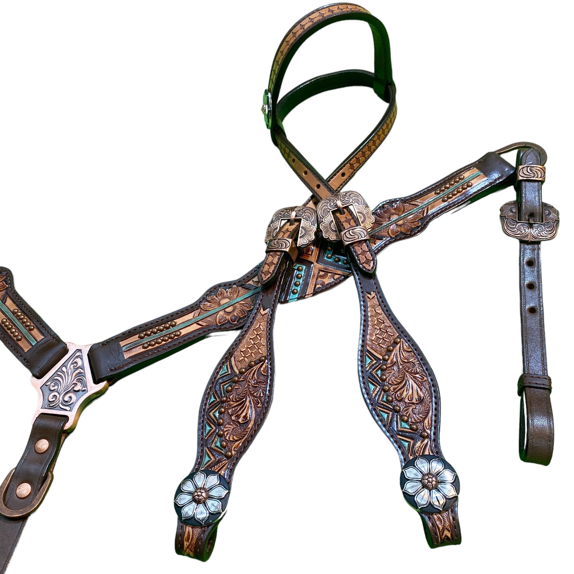MOUSM Argentina Cow Leather Headstall and Breast Collar Set – Western Horse Tack with Geometrical Flower Carving & Copper Studs