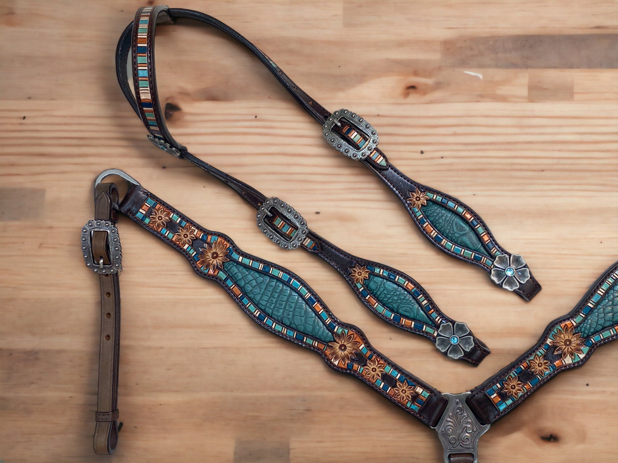 MOUSM Argentina Cow Leather Headstall & Breast Collar Set for Horse, Western Headstall Set in Teal Alligator Design with Hand-Tooled Flower Craving