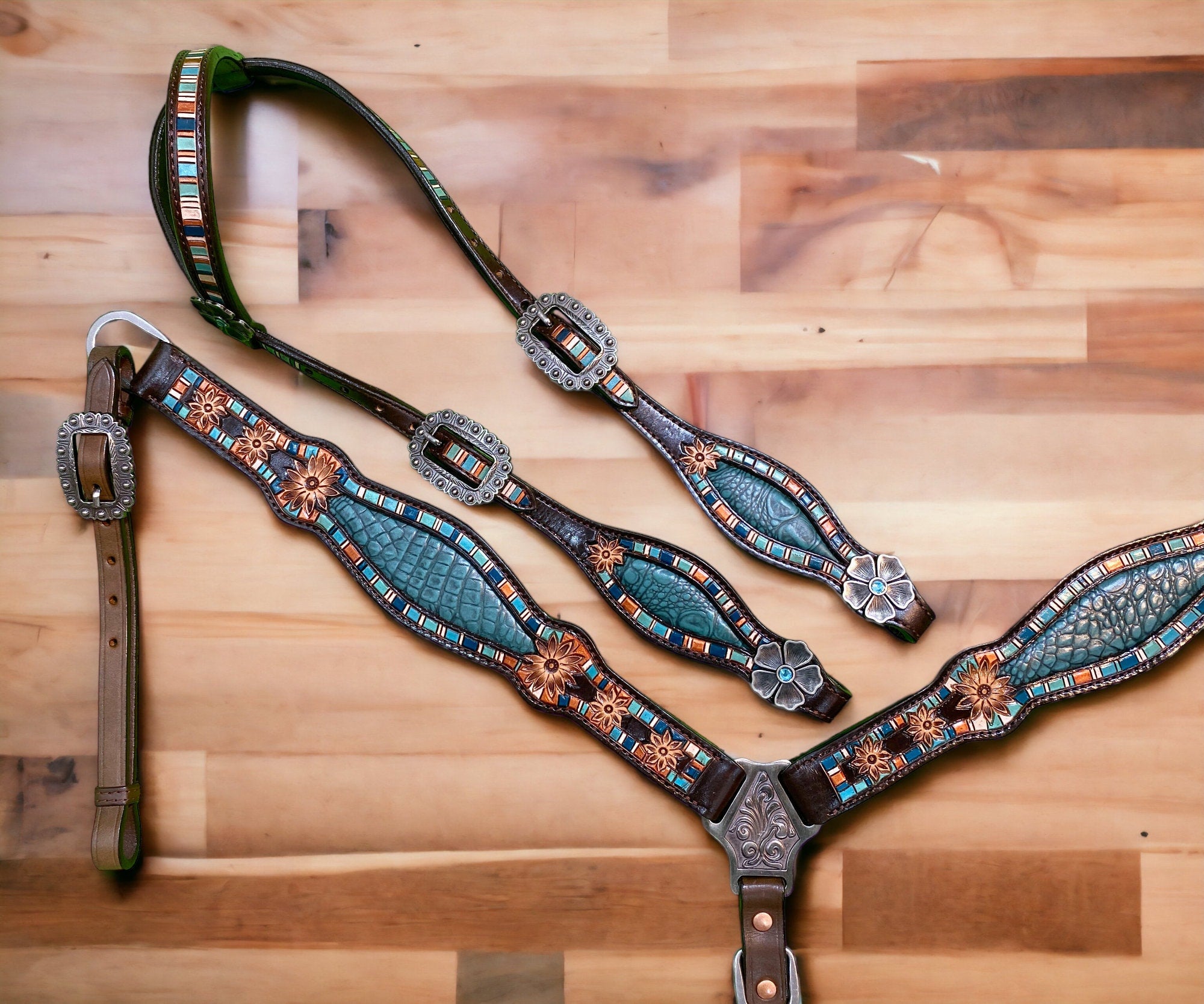 MOUSM Argentina Cow Leather Headstall & Breast Collar Set for Horse, Western Headstall Set in Teal Alligator Design with Hand-Tooled Flower Craving