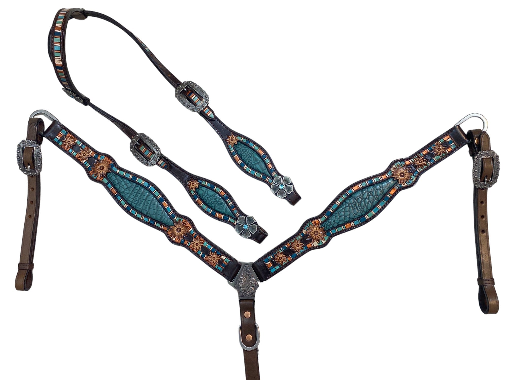 MOUSM Argentina Cow Leather Headstall & Breast Collar Set for Horse, Western Headstall Set in Teal Alligator Design with Hand-Tooled Flower Craving