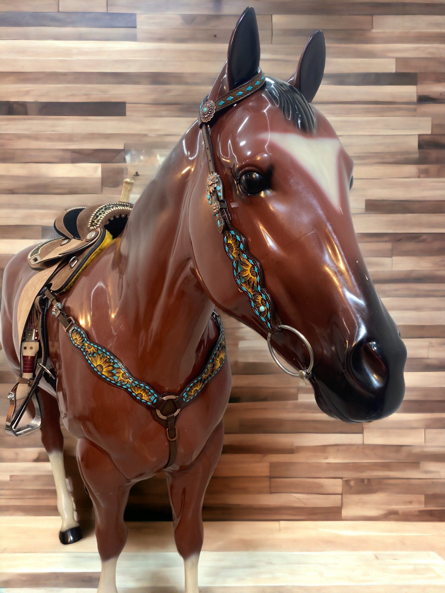 MOUSM Argentina Cow Leather Headstall and Breast Collar Set – Western Horse Tack with Hand-Painted Sunflower Carving & Teal Rawhide Backstitching