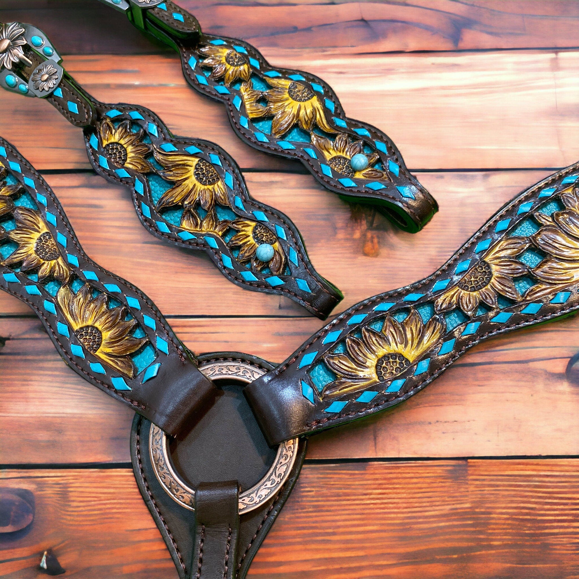 MOUSM Argentina Cow Leather Headstall and Breast Collar Set – Western Horse Tack with Hand-Painted Sunflower Carving & Teal Rawhide Backstitching