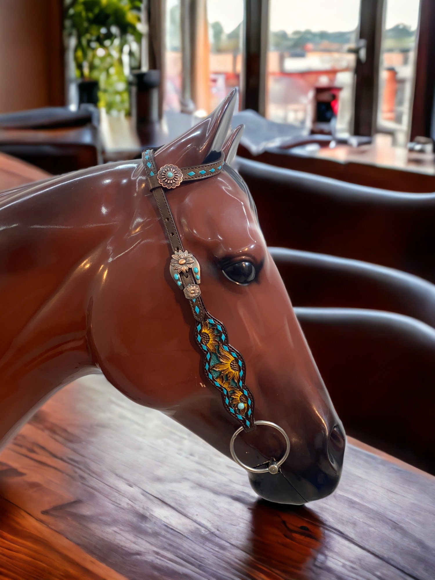 MOUSM Argentina Cow Leather Headstall and Breast Collar Set – Western Horse Tack with Hand-Painted Sunflower Carving & Teal Rawhide Backstitching