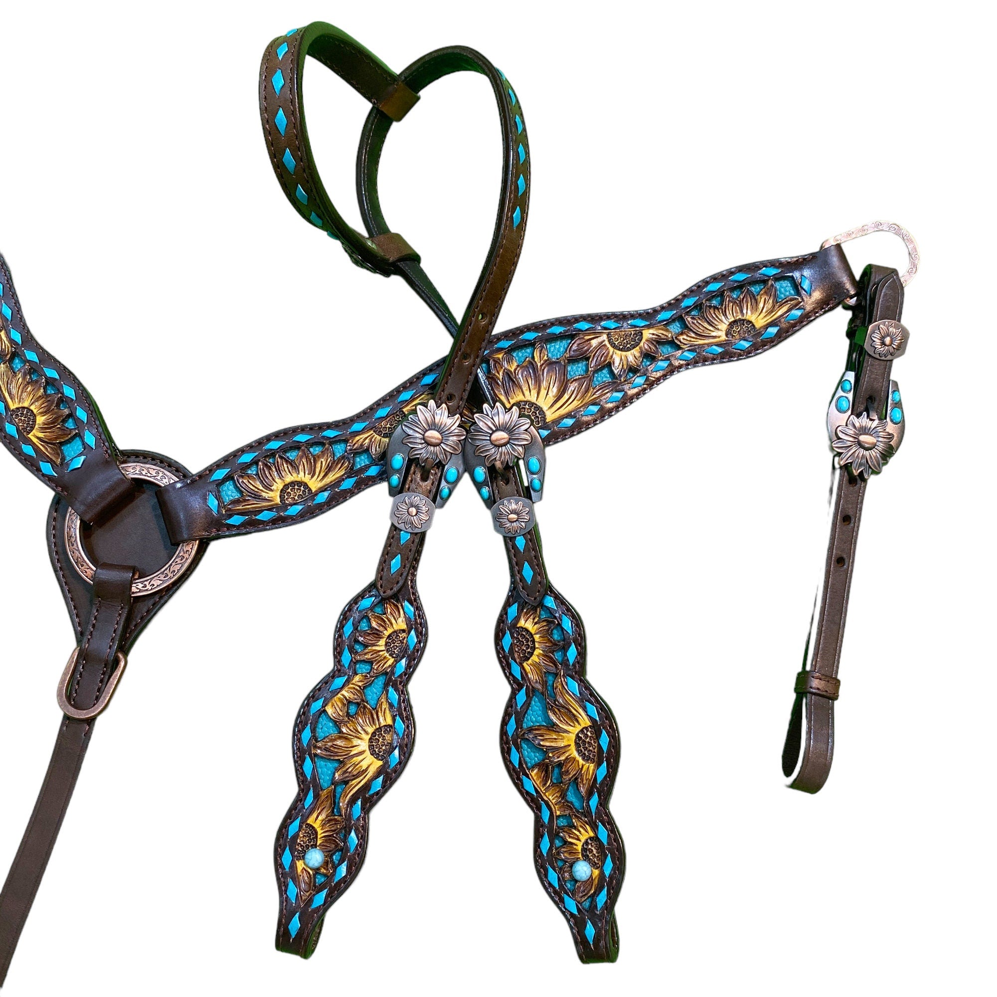 MOUSM Argentina Cow Leather Headstall and Breast Collar Set – Western Horse Tack with Hand-Painted Sunflower Carving & Teal Rawhide Backstitching
