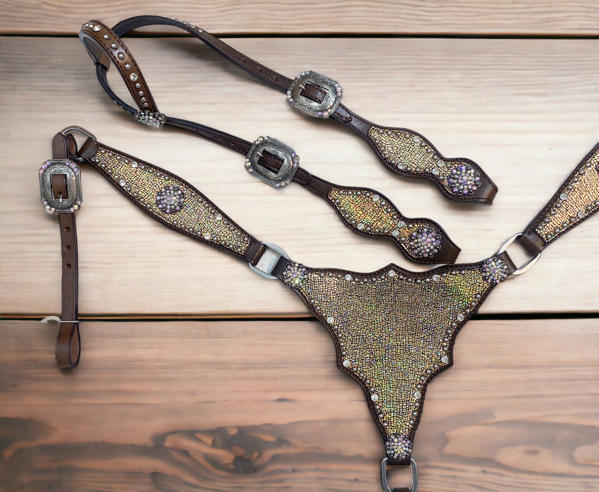 MOUSM Argentina Cow Leather Headstall & Breast Collar Set – Western Horse Tack with Holographic Metallic Leather & Antique Nickel Hardware