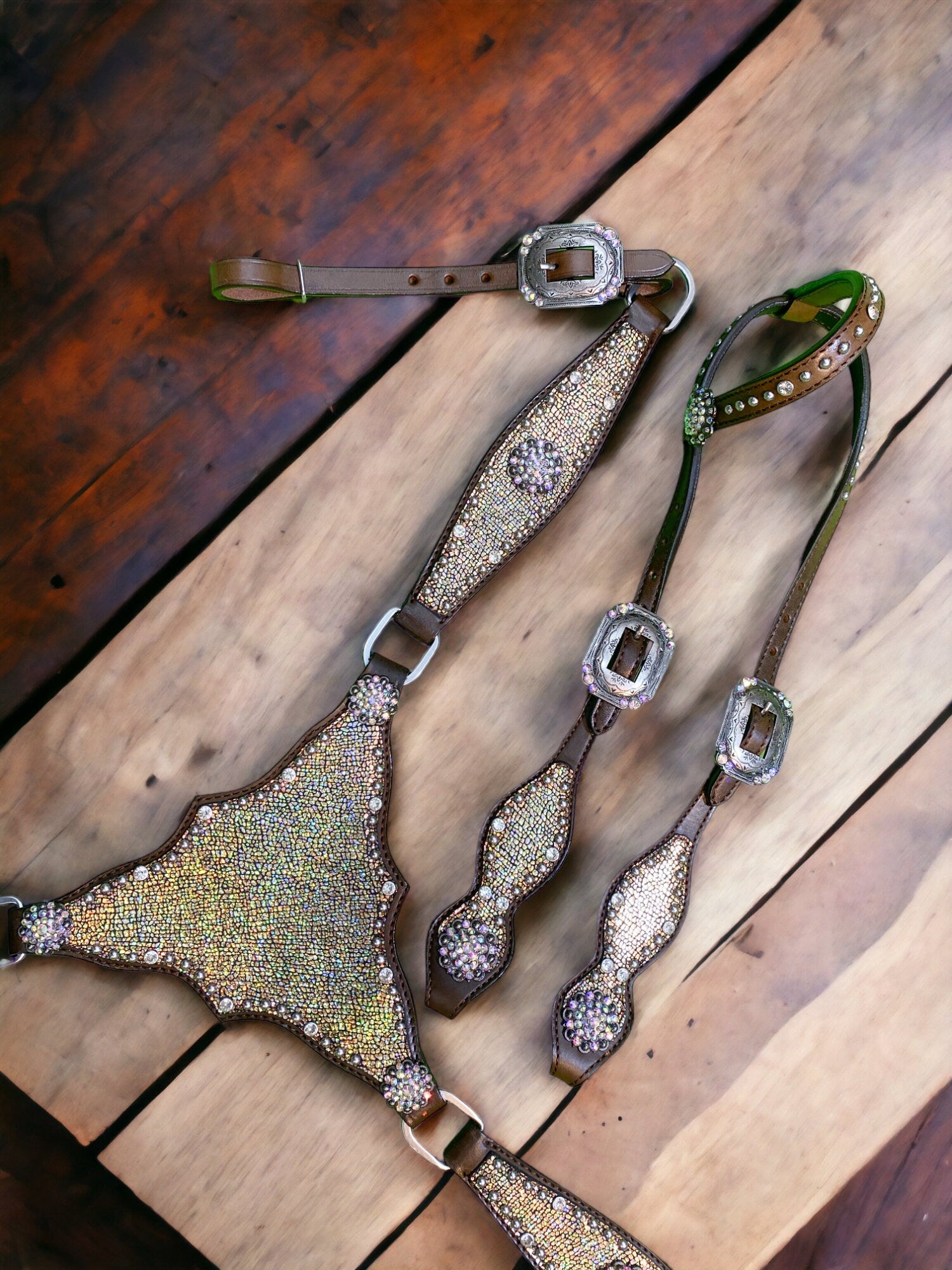 MOUSM Argentina Cow Leather Headstall & Breast Collar Set – Western Horse Tack with Holographic Metallic Leather & Antique Nickel Hardware