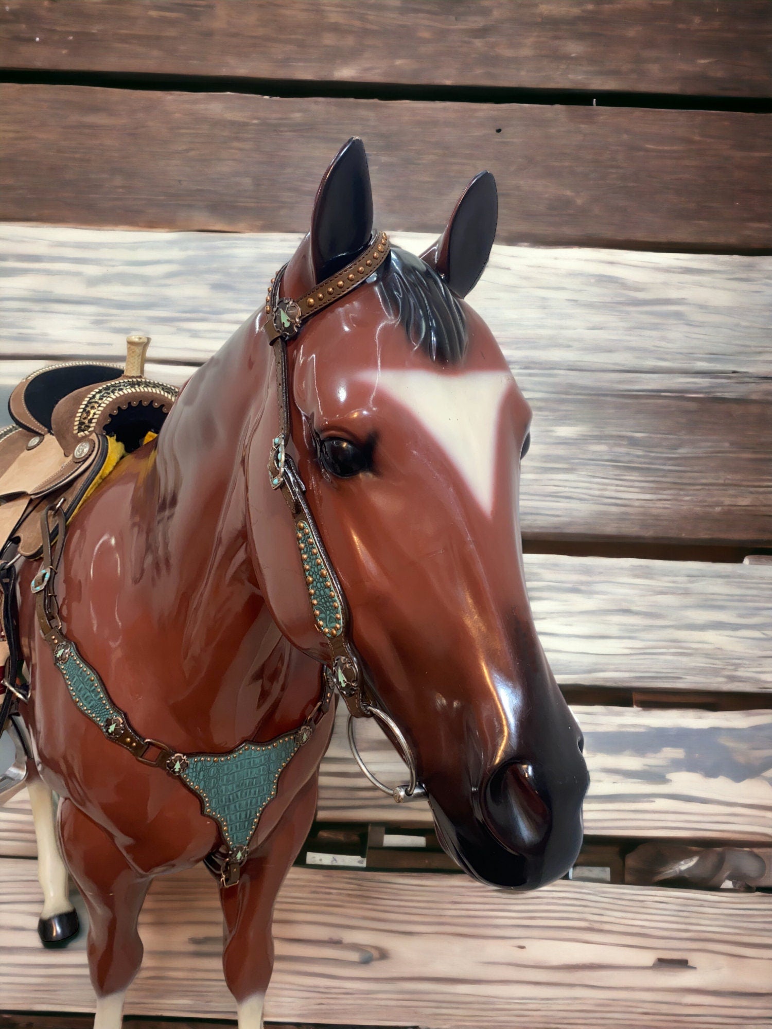 MOUSM Western Headstall & Breast Collar Set – Made with Argentina Cow Leather, Western Horse Tack with Teal Alligator Accents & Copper Studs