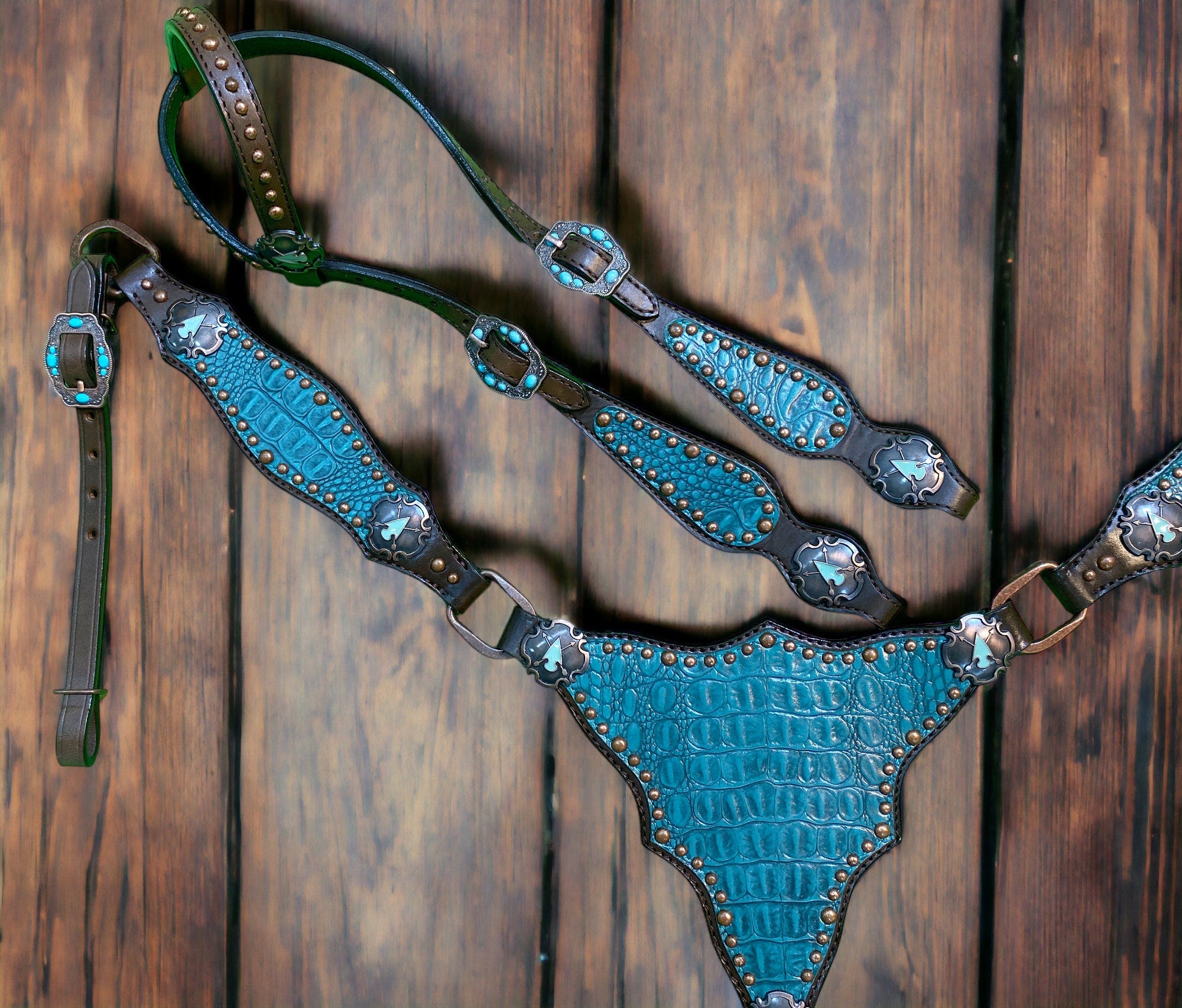 MOUSM Western Headstall & Breast Collar Set – Made with Argentina Cow Leather, Western Horse Tack with Teal Alligator Accents & Copper Studs