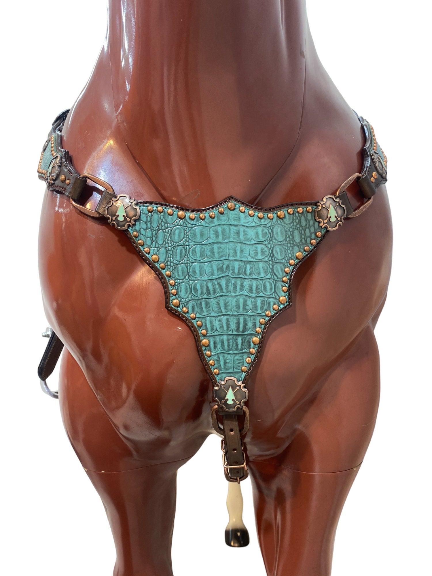 MOUSM Western Headstall & Breast Collar Set – Made with Argentina Cow Leather, Western Horse Tack with Teal Alligator Accents & Copper Studs