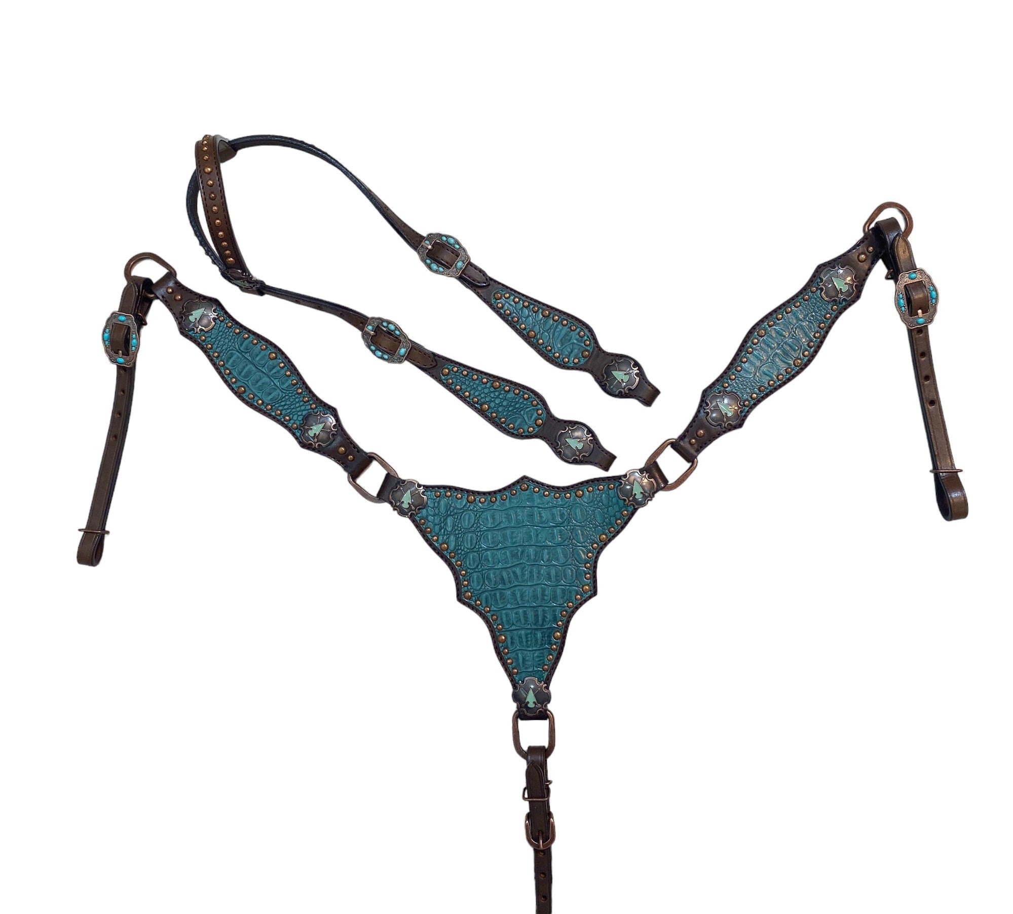 MOUSM Western Headstall & Breast Collar Set – Made with Argentina Cow Leather, Western Horse Tack with Teal Alligator Accents & Copper Studs
