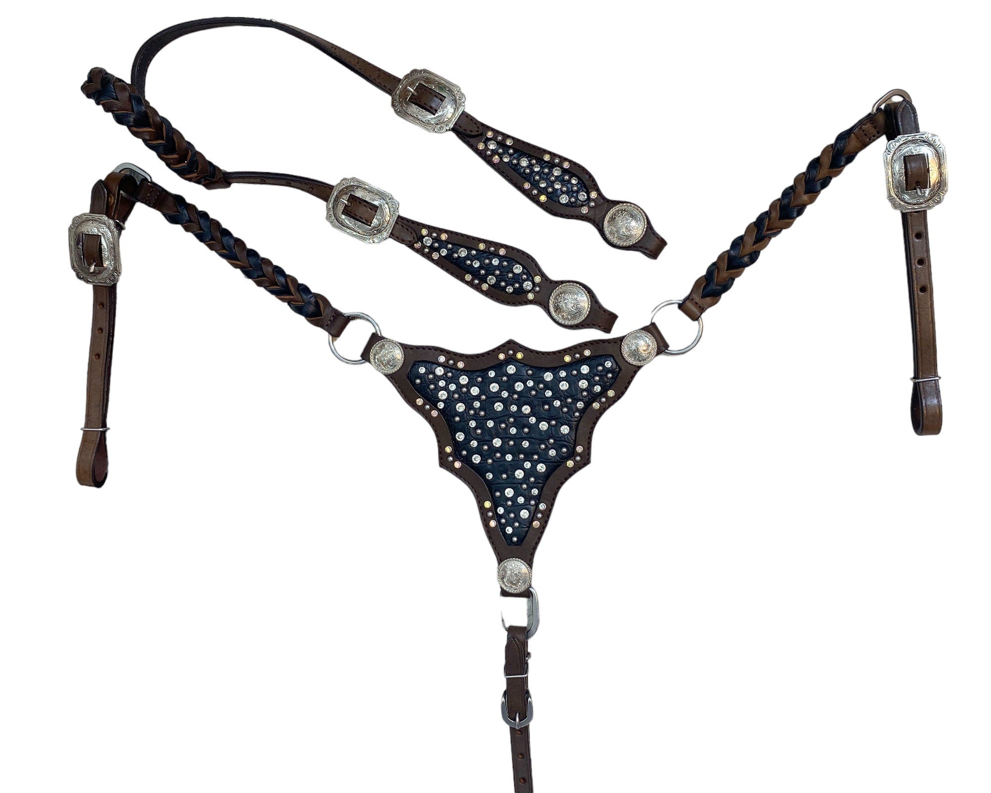 MOUSM Argentina Cow Leather Headstall & Breast Collar Set – Western Horse Tack with Clear Rivets, Silver Studs & Black Alligator Accents