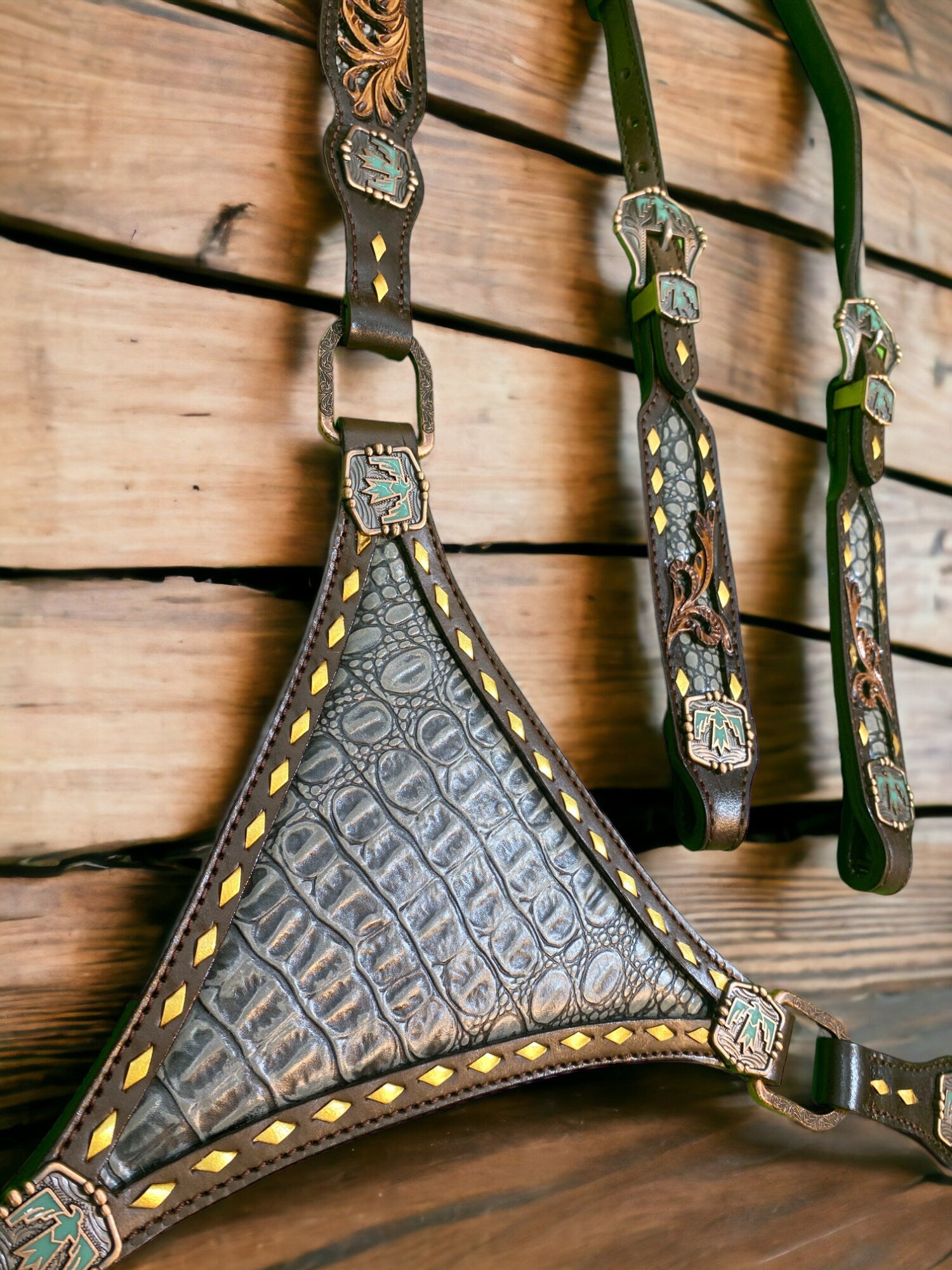 MOUSM Argentina Cow Leather Headstall and Breast Collar Set – Western Horse Tack with Thunderbird Hardware, Grey Alligator & Filigree Carving