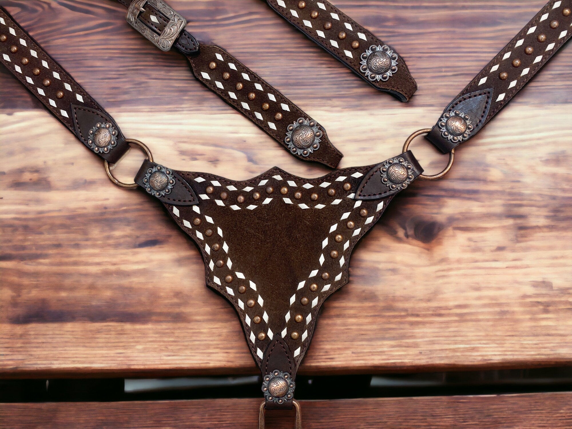 MOUSM Argentina Cow Leather Breast Collar and Headstall Set – Western Horse Bridle Set with White Rawhide Buck Stitching, Antique Copper Studs