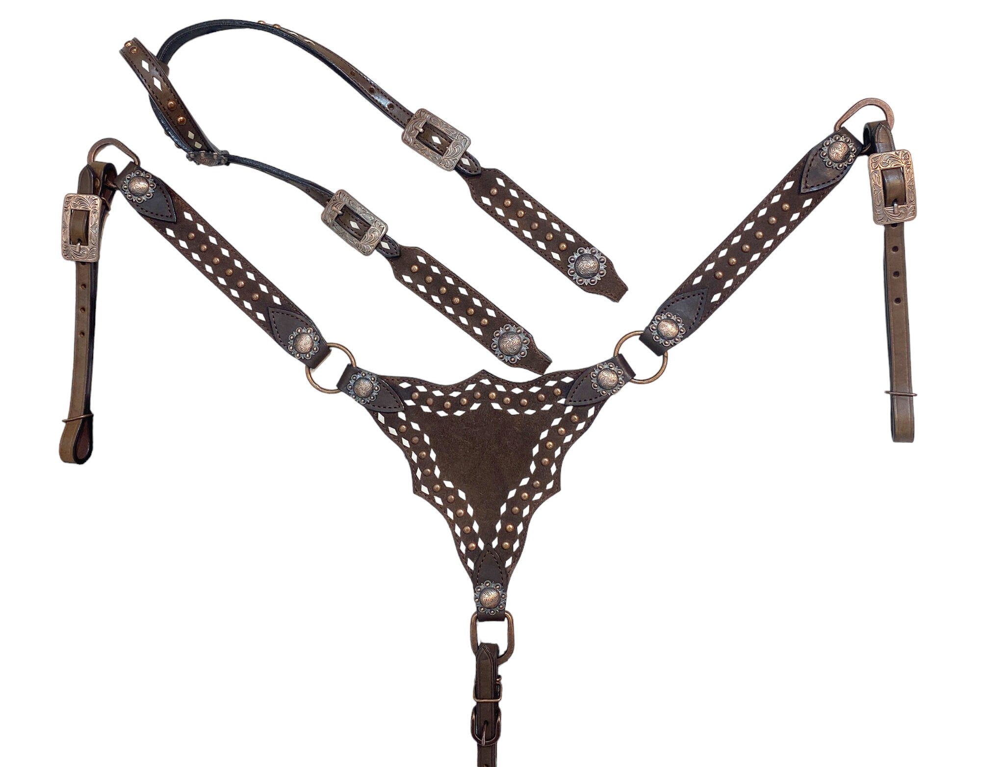 MOUSM Argentina Cow Leather Breast Collar and Headstall Set – Western Horse Bridle Set with White Rawhide Buck Stitching, Antique Copper Studs