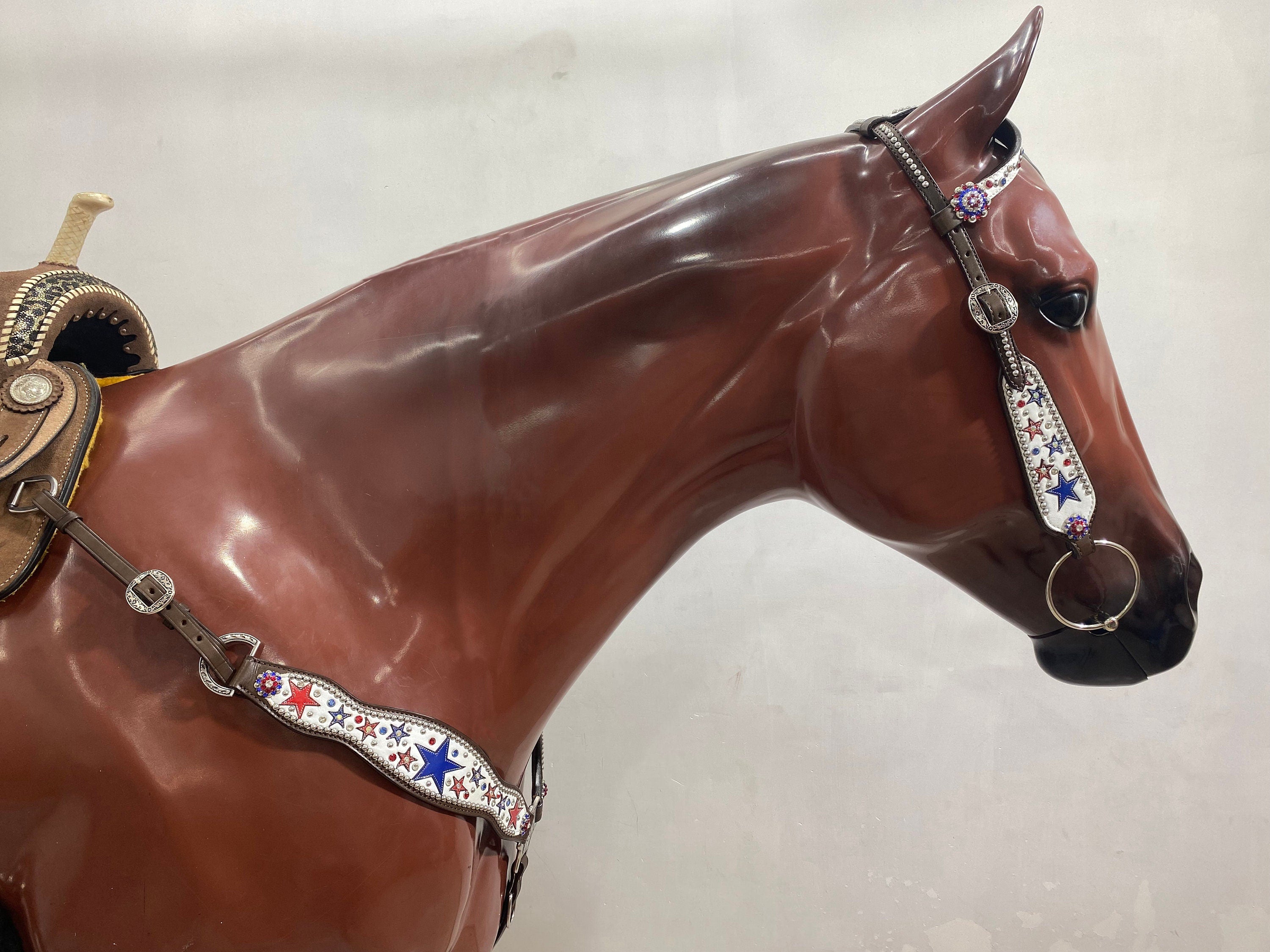 MOUSM Argentina Cow Leather Headstall & Breast Collar Set – Western Horse Tack with Red & Royal Star Design, Sparkling Rhinestones & Antique Copper Hardware
