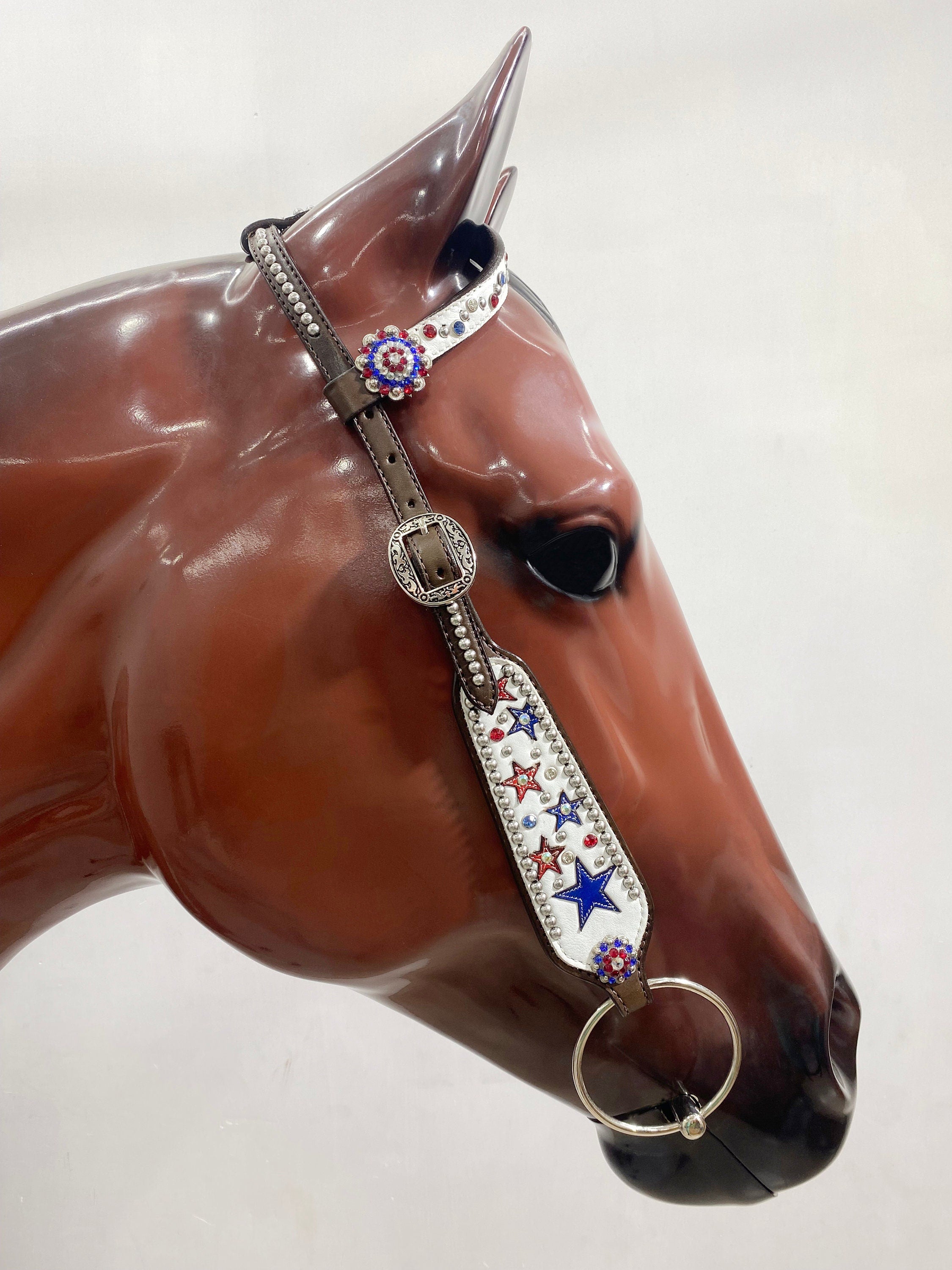 MOUSM Argentina Cow Leather Headstall & Breast Collar Set – Western Horse Tack with Red & Royal Star Design, Sparkling Rhinestones & Antique Copper Hardware