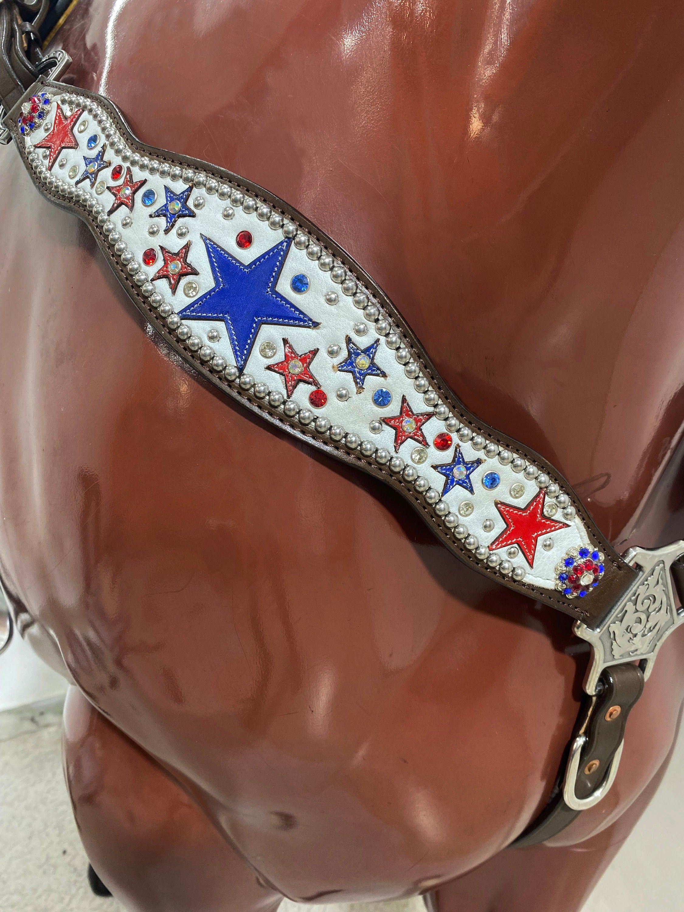 MOUSM Argentina Cow Leather Headstall & Breast Collar Set – Western Horse Tack with Red & Royal Star Design, Sparkling Rhinestones & Antique Copper Hardware