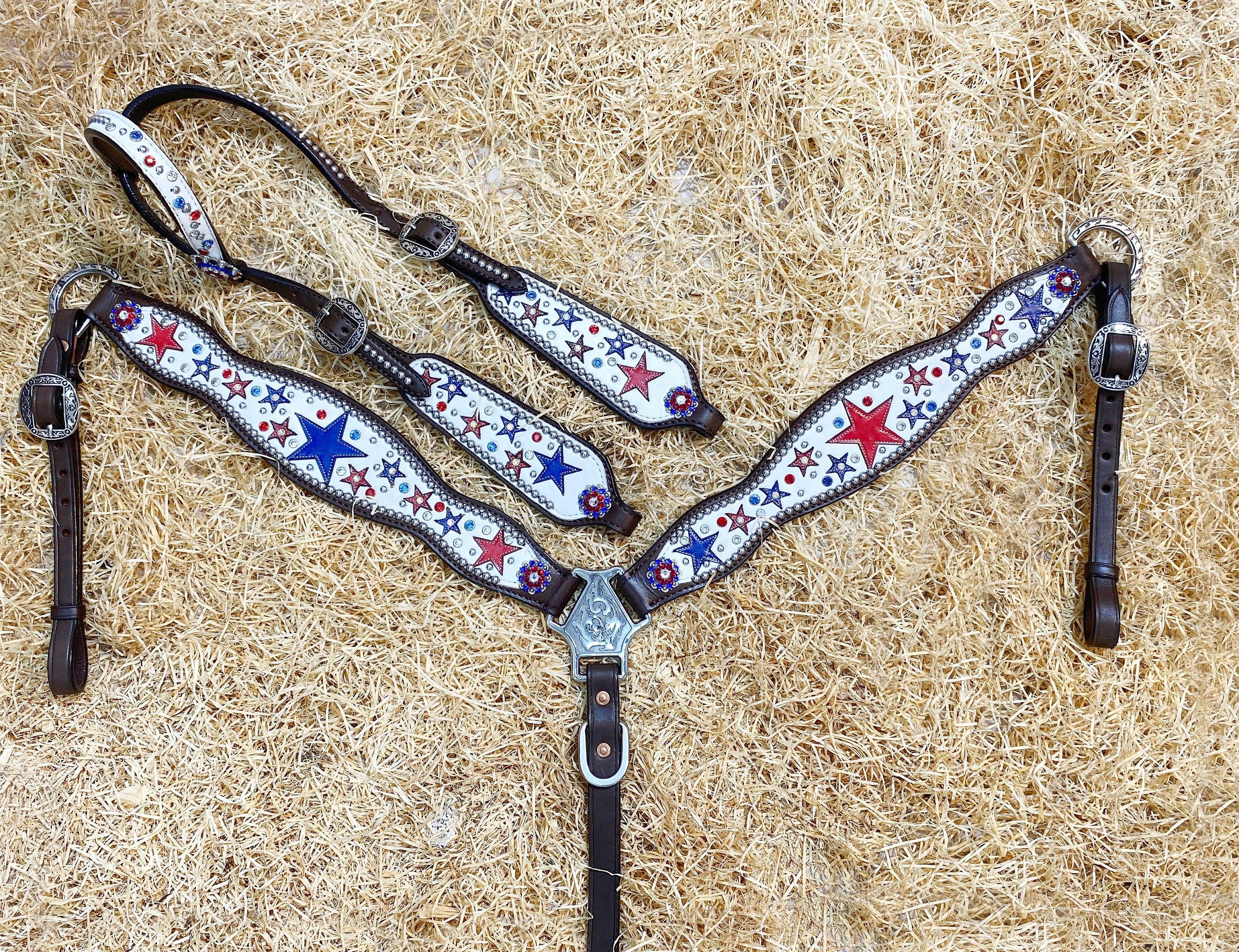 MOUSM Argentina Cow Leather Headstall & Breast Collar Set – Western Horse Tack with Red & Royal Star Design, Sparkling Rhinestones & Antique Copper Hardware