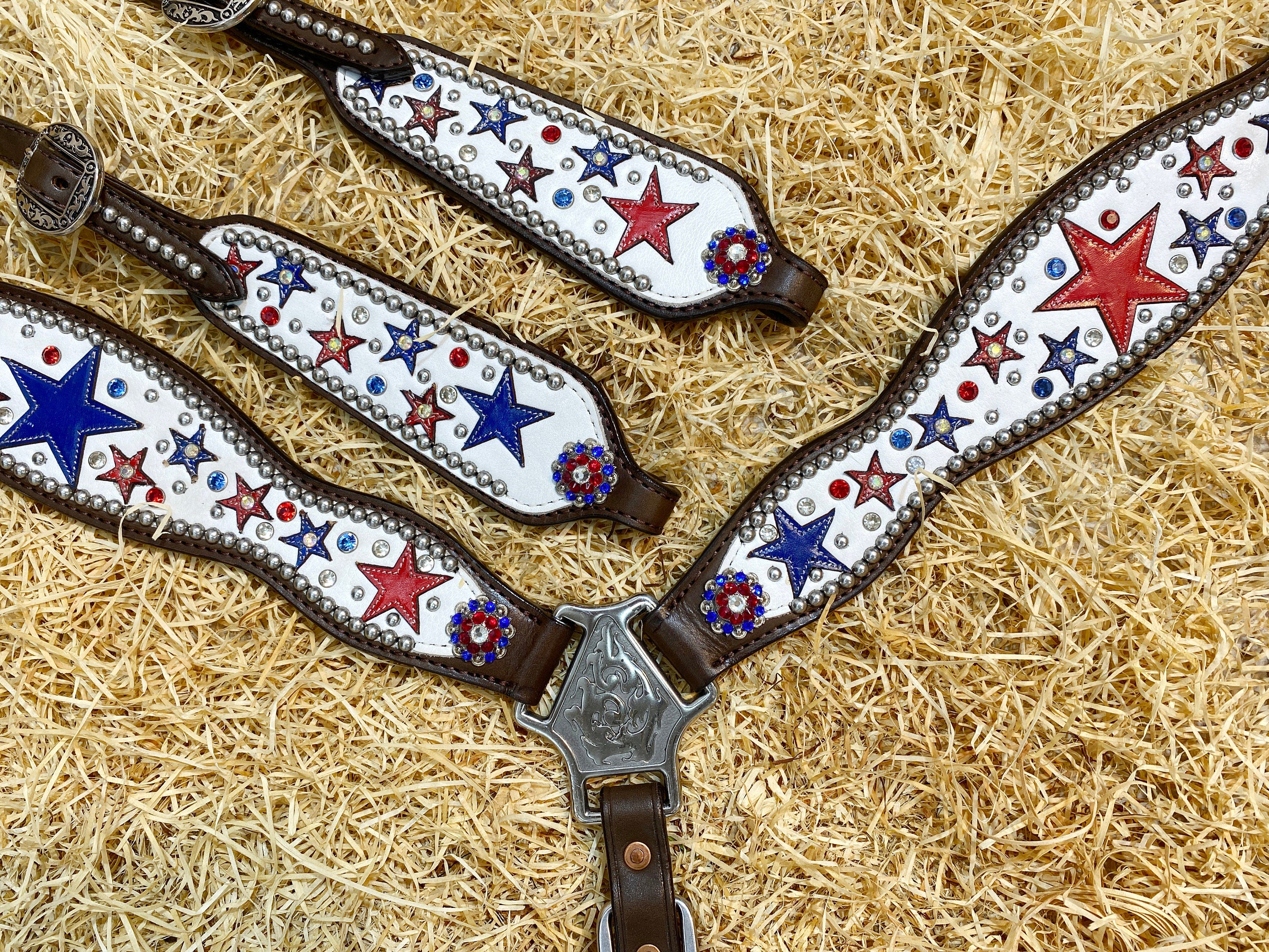 MOUSM Argentina Cow Leather Headstall & Breast Collar Set – Western Horse Tack with Red & Royal Star Design, Sparkling Rhinestones & Antique Copper Hardware