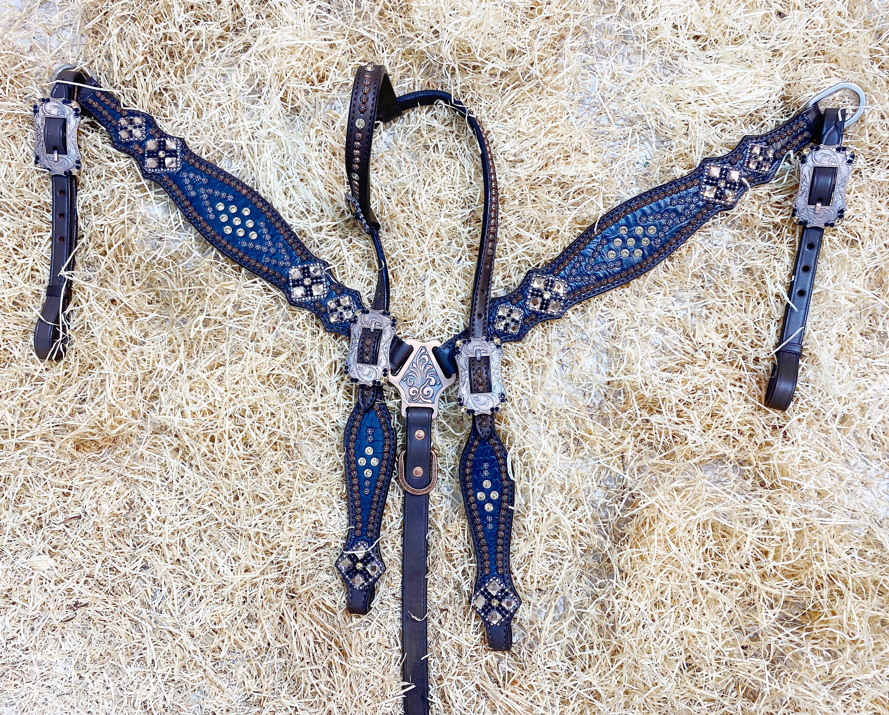 MOUSM Argentina Cow Leather Headstall & Breast Collar Set – Western Horse Tack with Black Alligator Print, Topaz Rhinestones with Copper Studs