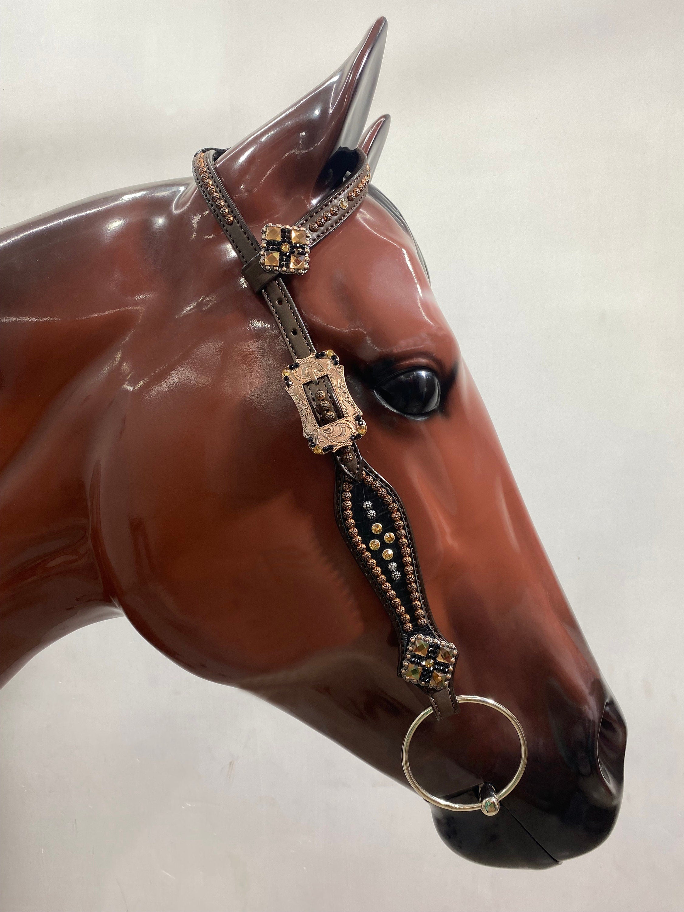 MOUSM Argentina Cow Leather Headstall & Breast Collar Set – Western Horse Tack with Black Alligator Print, Topaz Rhinestones with Copper Studs