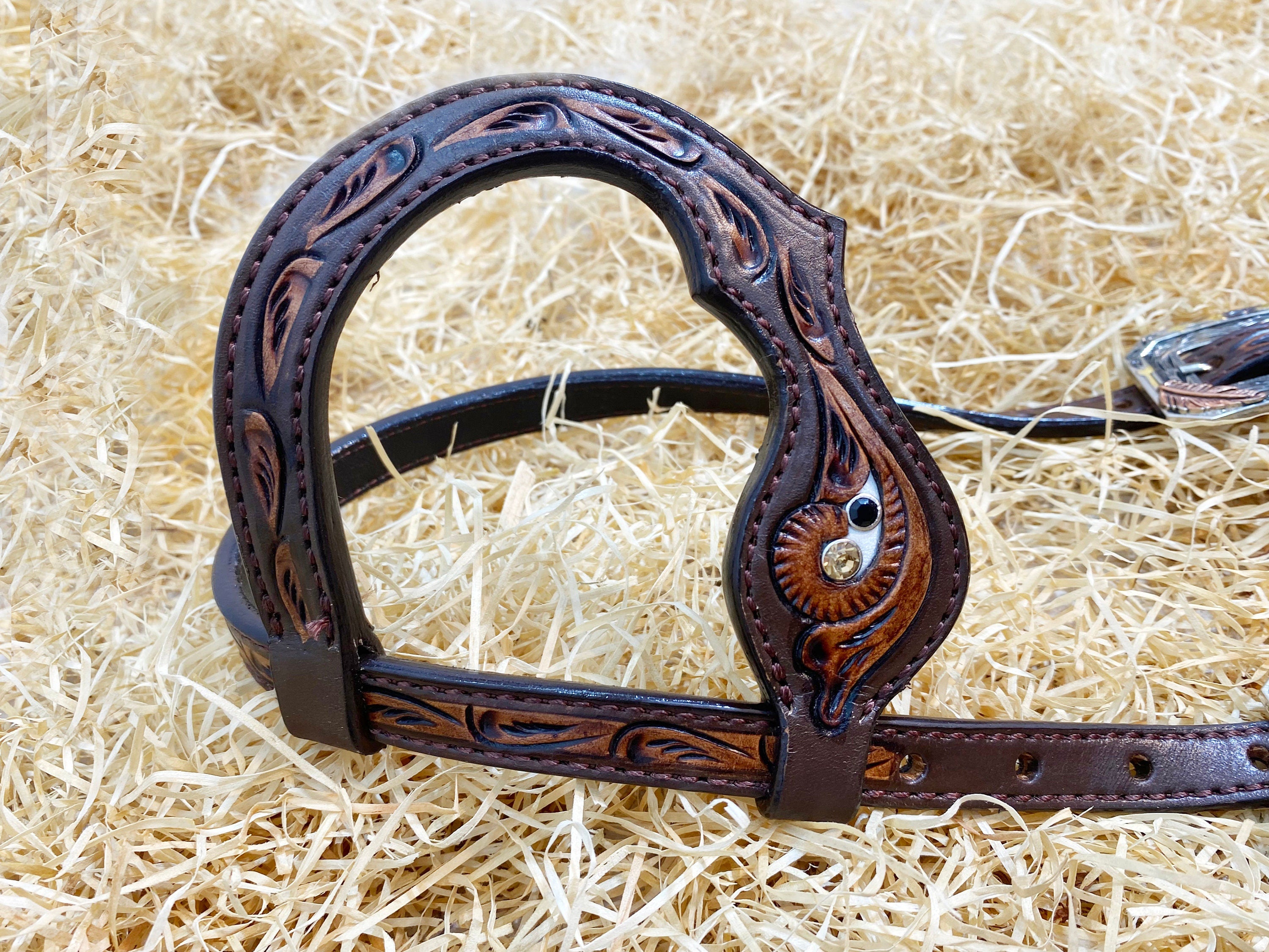 MOUSM Western Horse Headstall Breast Collar Set With Beautiful Hand-Tooled Floral Carving, Topaz Clear and Black Rhinestones