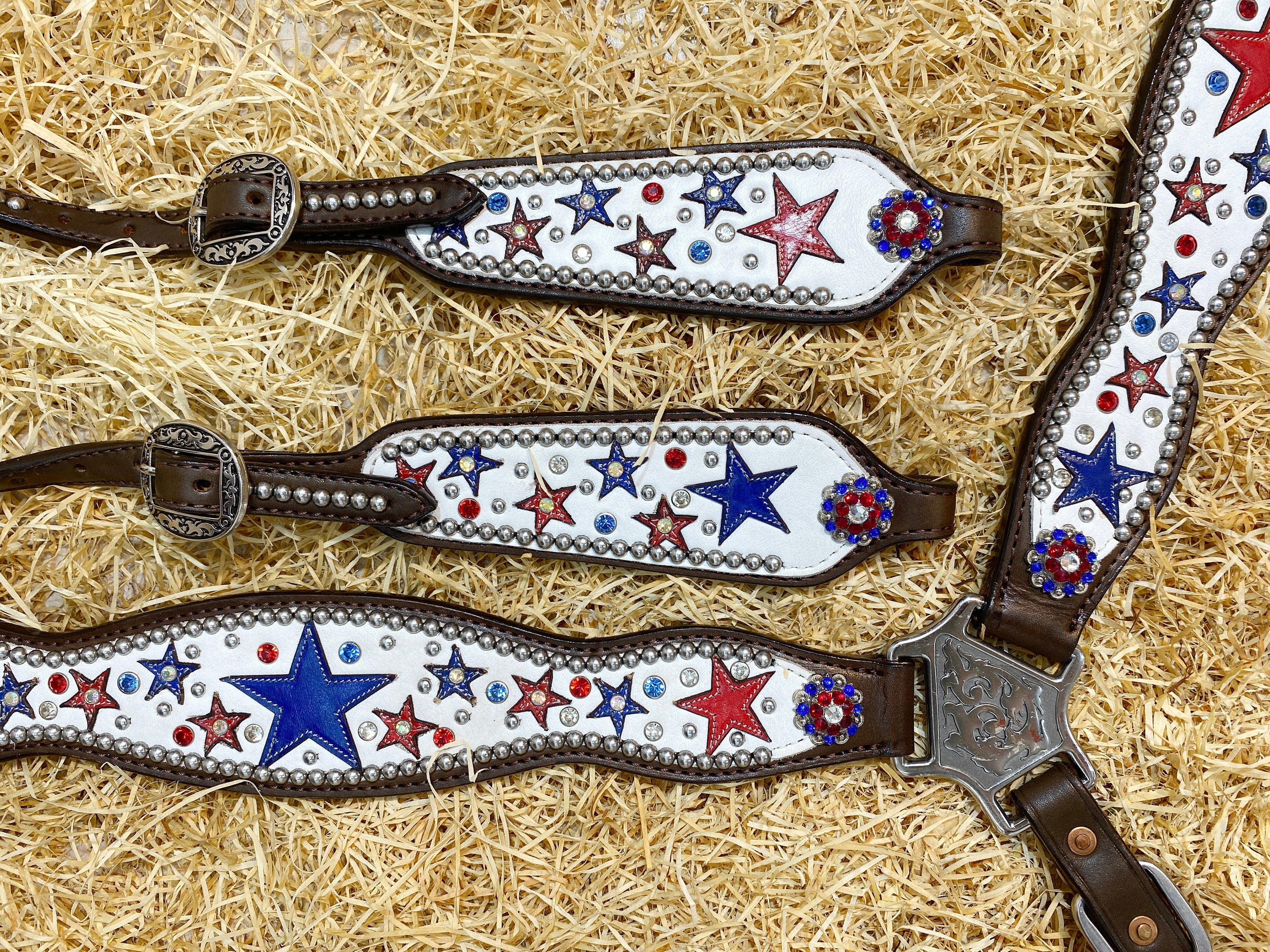 MOUSM Argentina Cow Leather Headstall & Breast Collar Set – Western Horse Tack with Red & Royal Star Design, Sparkling Rhinestones & Antique Copper Hardware
