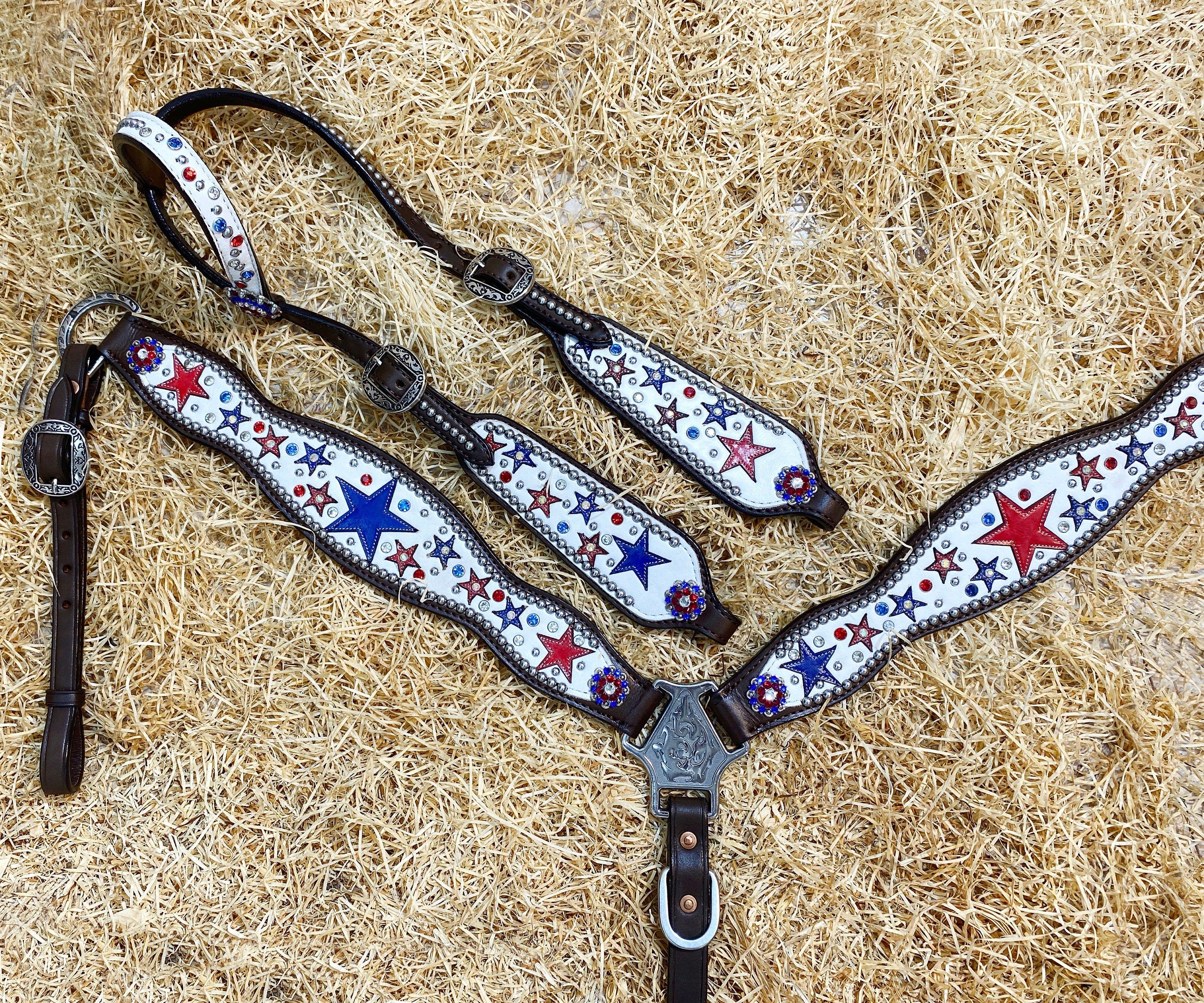 MOUSM Argentina Cow Leather Headstall & Breast Collar Set – Western Horse Tack with Red & Royal Star Design, Sparkling Rhinestones & Antique Copper Hardware