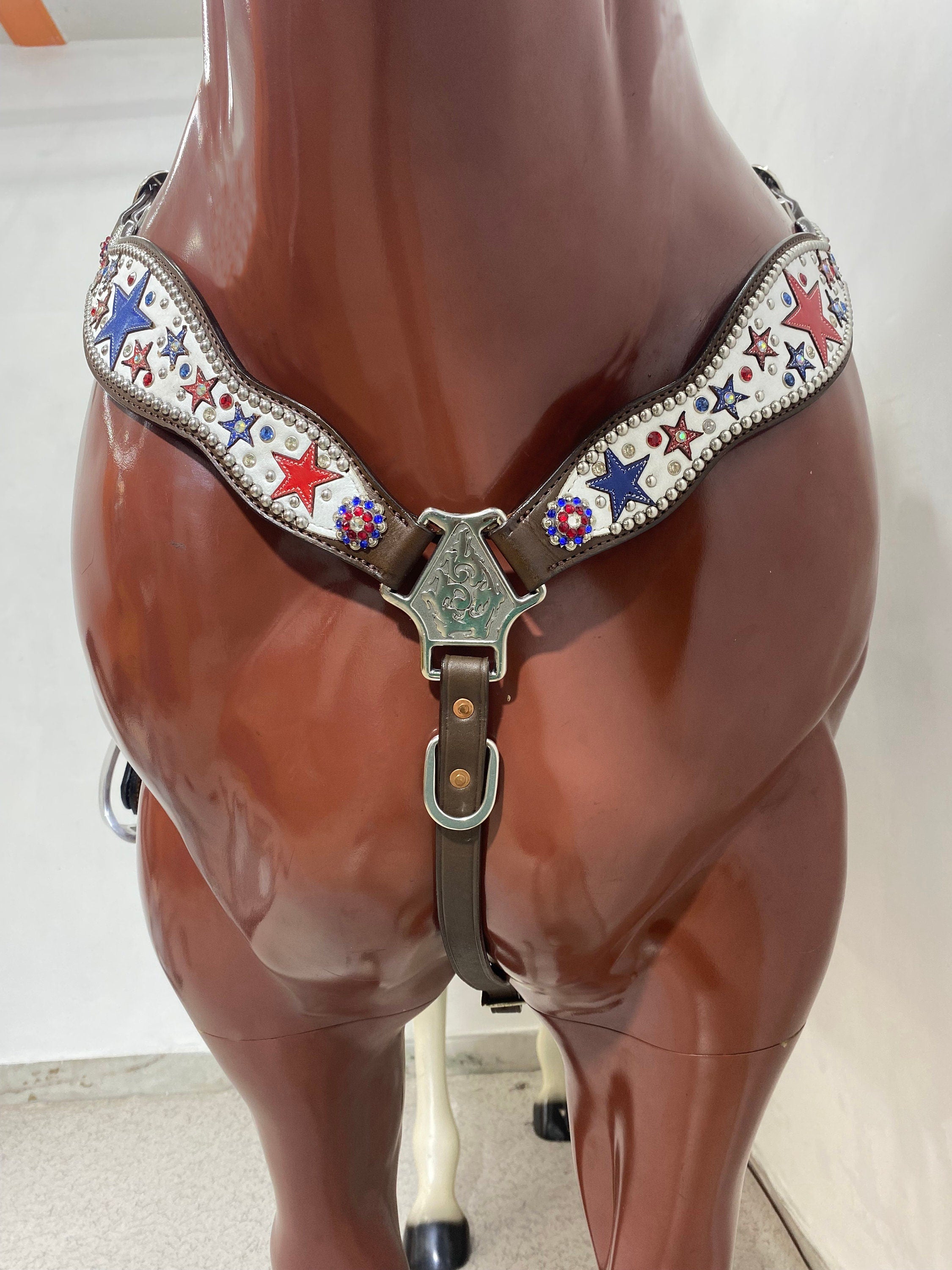 MOUSM Argentina Cow Leather Headstall & Breast Collar Set – Western Horse Tack with Red & Royal Star Design, Sparkling Rhinestones & Antique Copper Hardware
