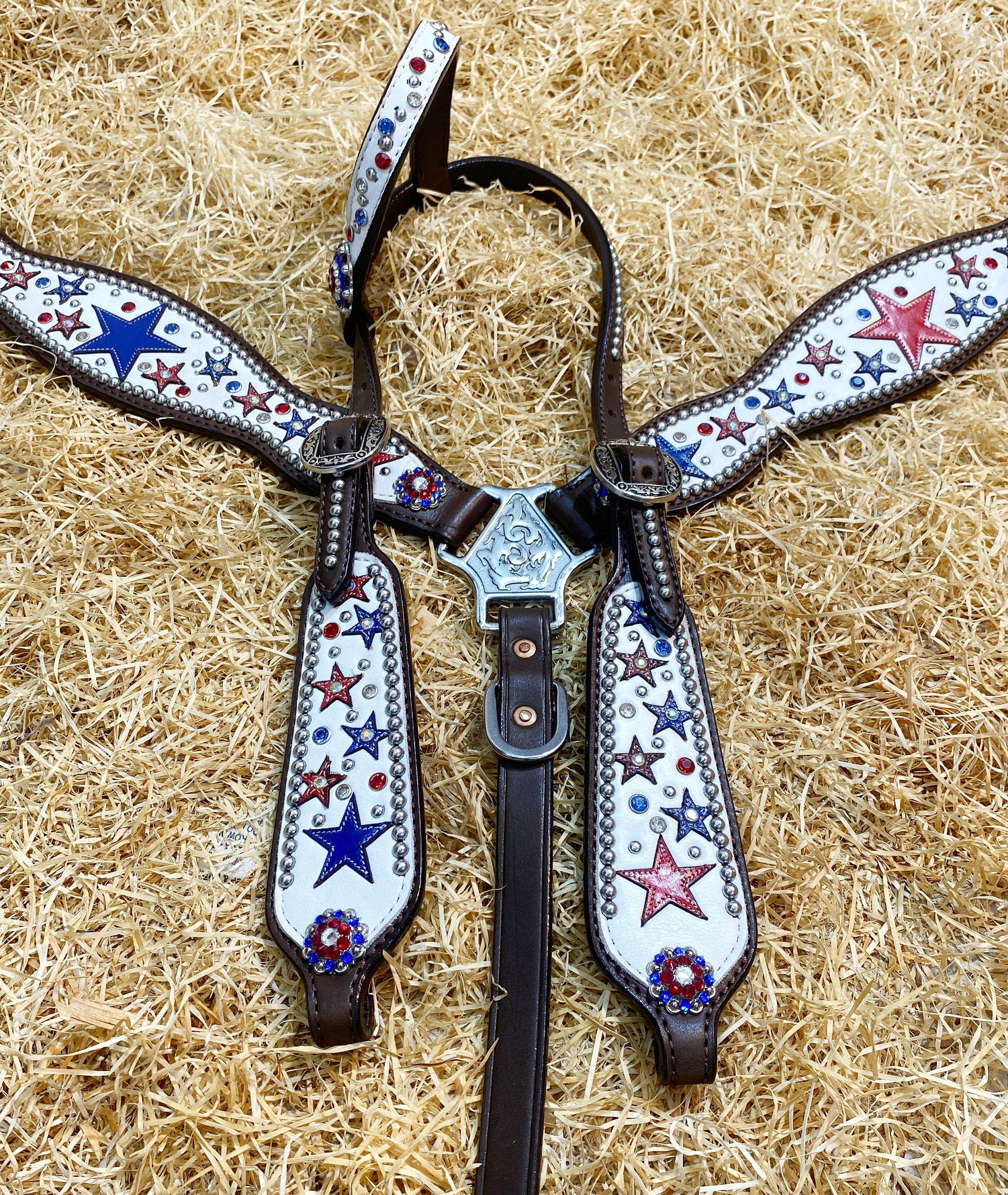 MOUSM Argentina Cow Leather Headstall & Breast Collar Set – Western Horse Tack with Red & Royal Star Design, Sparkling Rhinestones & Antique Copper Hardware