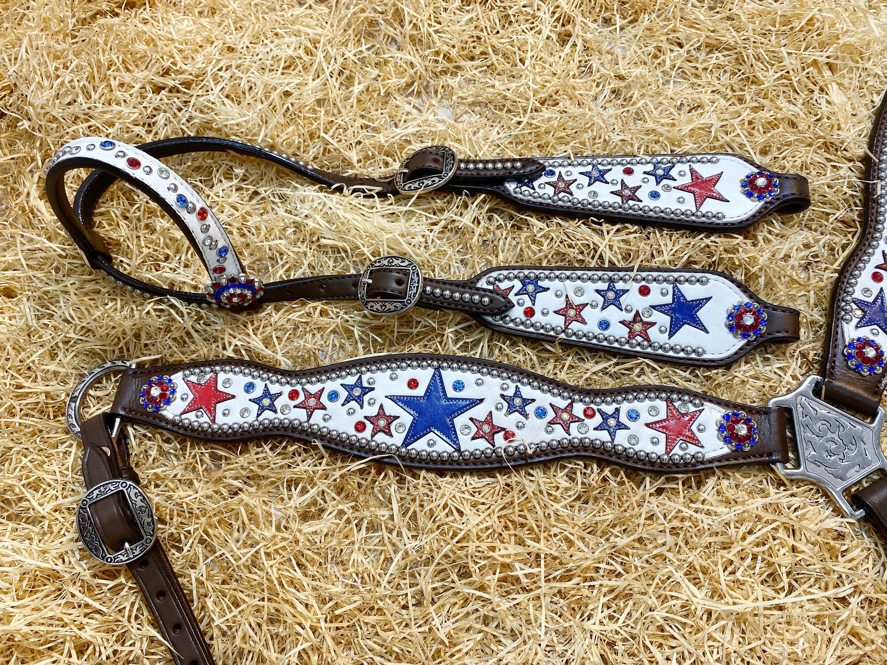 MOUSM Argentina Cow Leather Headstall & Breast Collar Set – Western Horse Tack with Red & Royal Star Design, Sparkling Rhinestones & Antique Copper Hardware
