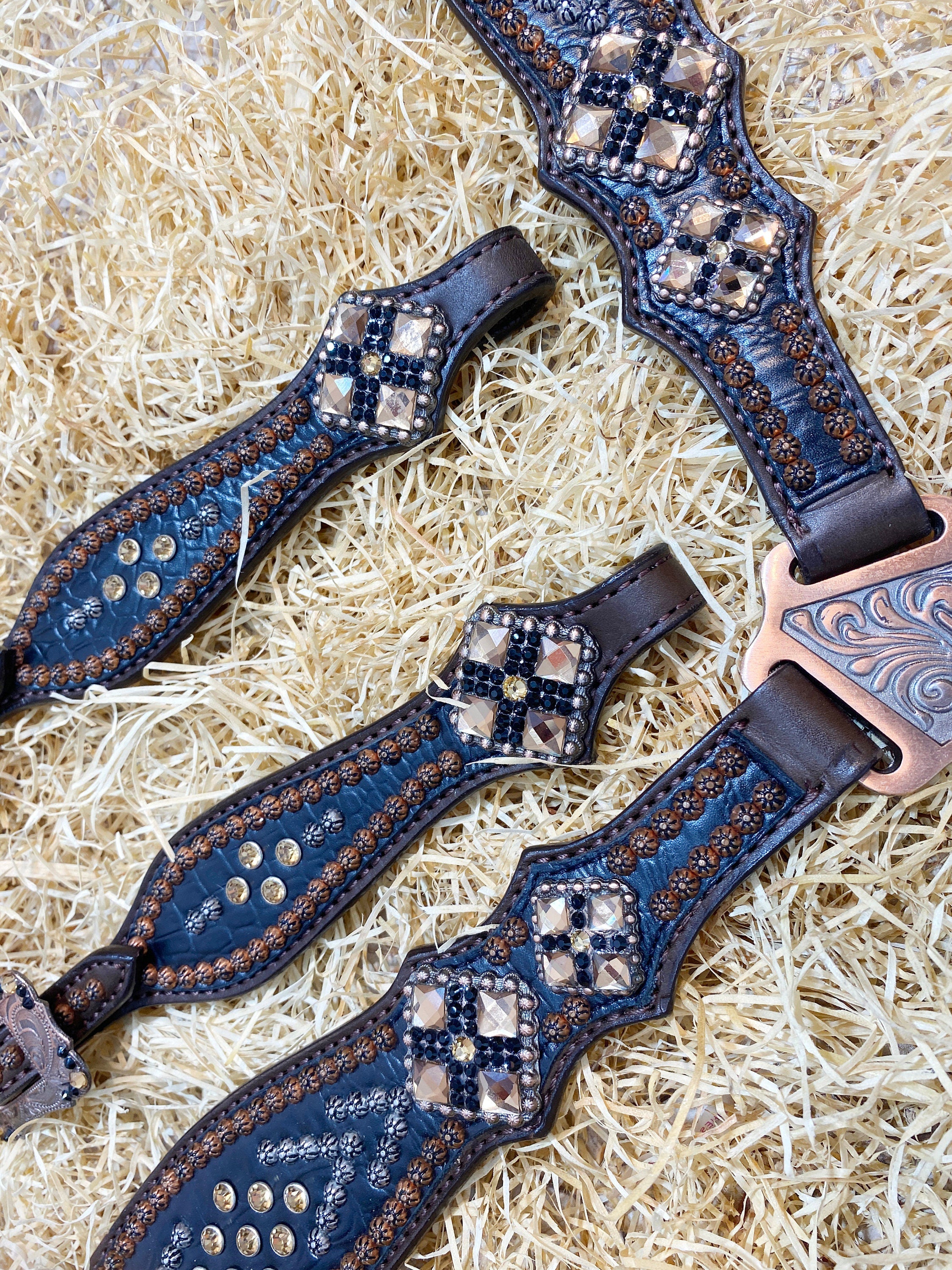 MOUSM Argentina Cow Leather Headstall & Breast Collar Set – Western Horse Tack with Black Alligator Print, Topaz Rhinestones with Copper Studs