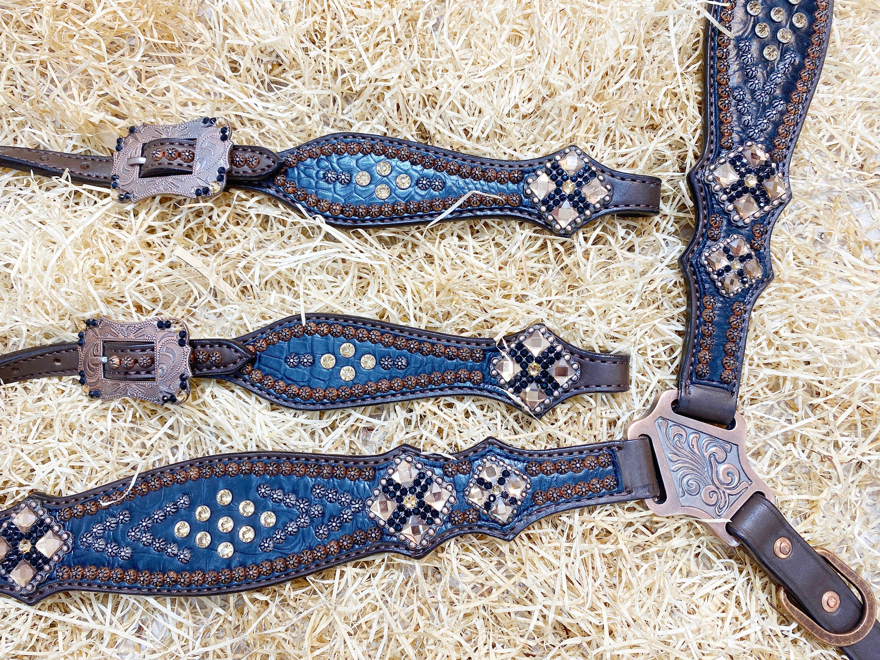 MOUSM Argentina Cow Leather Headstall & Breast Collar Set – Western Horse Tack with Black Alligator Print, Topaz Rhinestones with Copper Studs