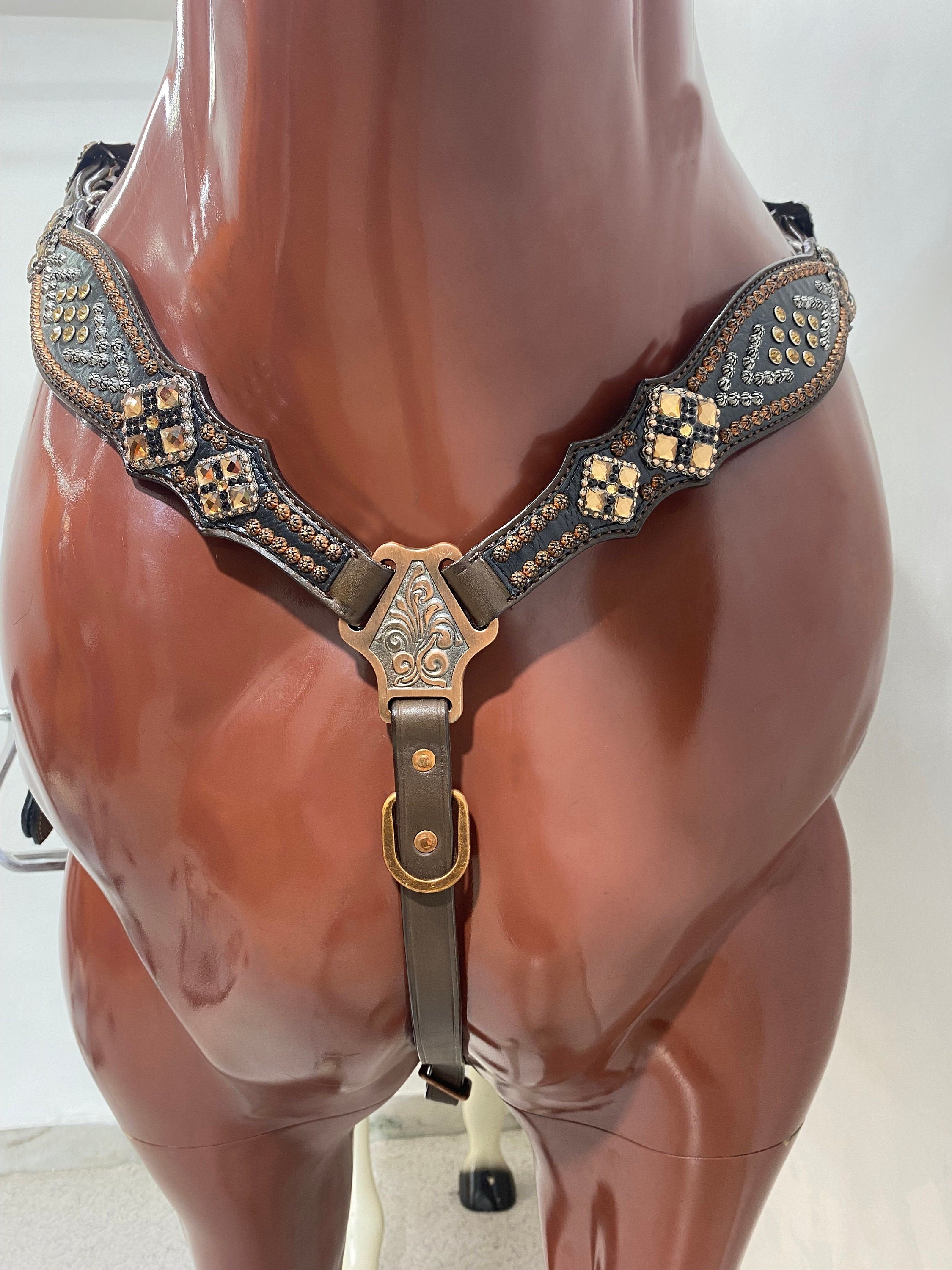 MOUSM Argentina Cow Leather Headstall & Breast Collar Set – Western Horse Tack with Black Alligator Print, Topaz Rhinestones with Copper Studs