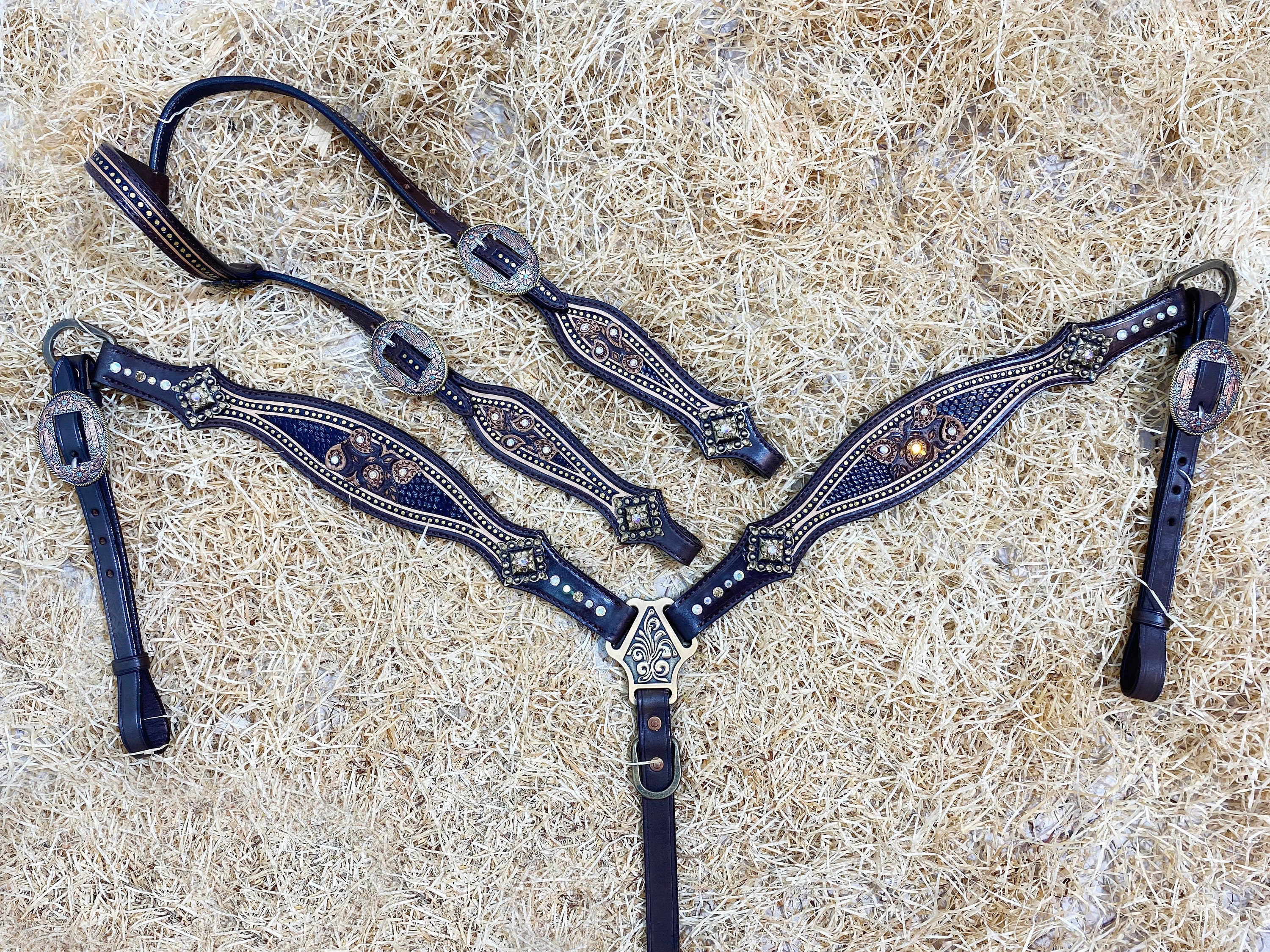 MOUSM Argentina Cow Leather Headstall & Breast Collar Set – Western Bridle with Paisley Carving with Nickel and Antique Copper Hardware