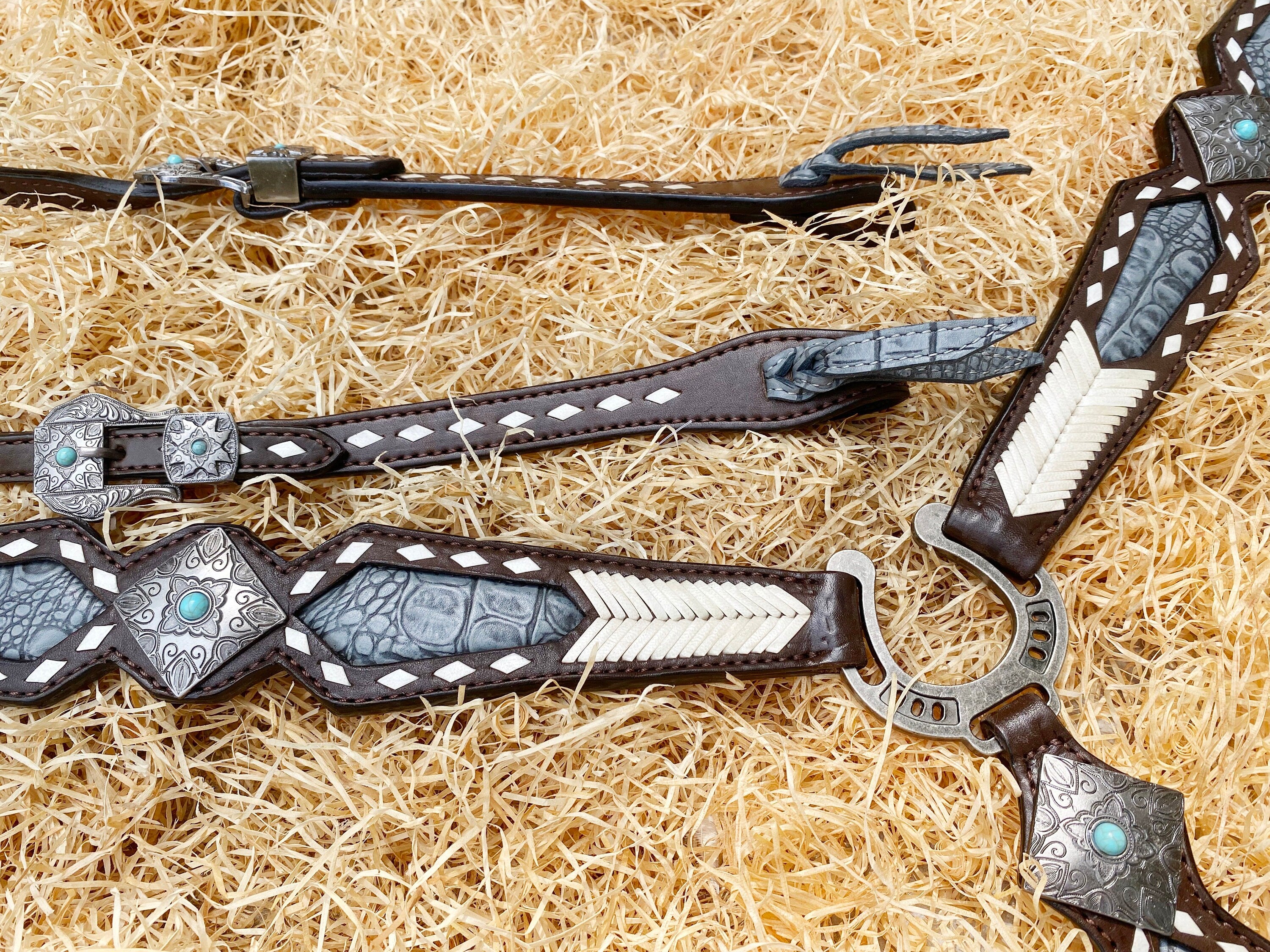 MOUSM Argentina Cow Leather Headstall & Breast Collar Set – Western Horse Tack Set Decorated with Rawhide Geometrical Grading and Grey Alligator Inlay, Antique Nickel & Steel Hardware