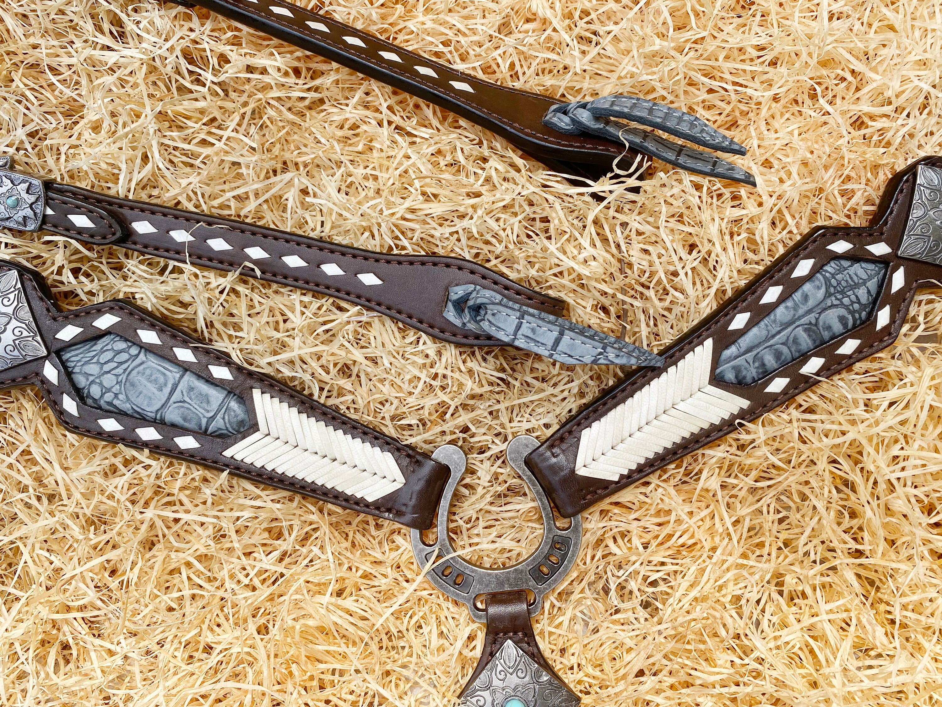 MOUSM Argentina Cow Leather Headstall & Breast Collar Set – Western Horse Tack Set Decorated with Rawhide Geometrical Grading and Grey Alligator Inlay, Antique Nickel & Steel Hardware