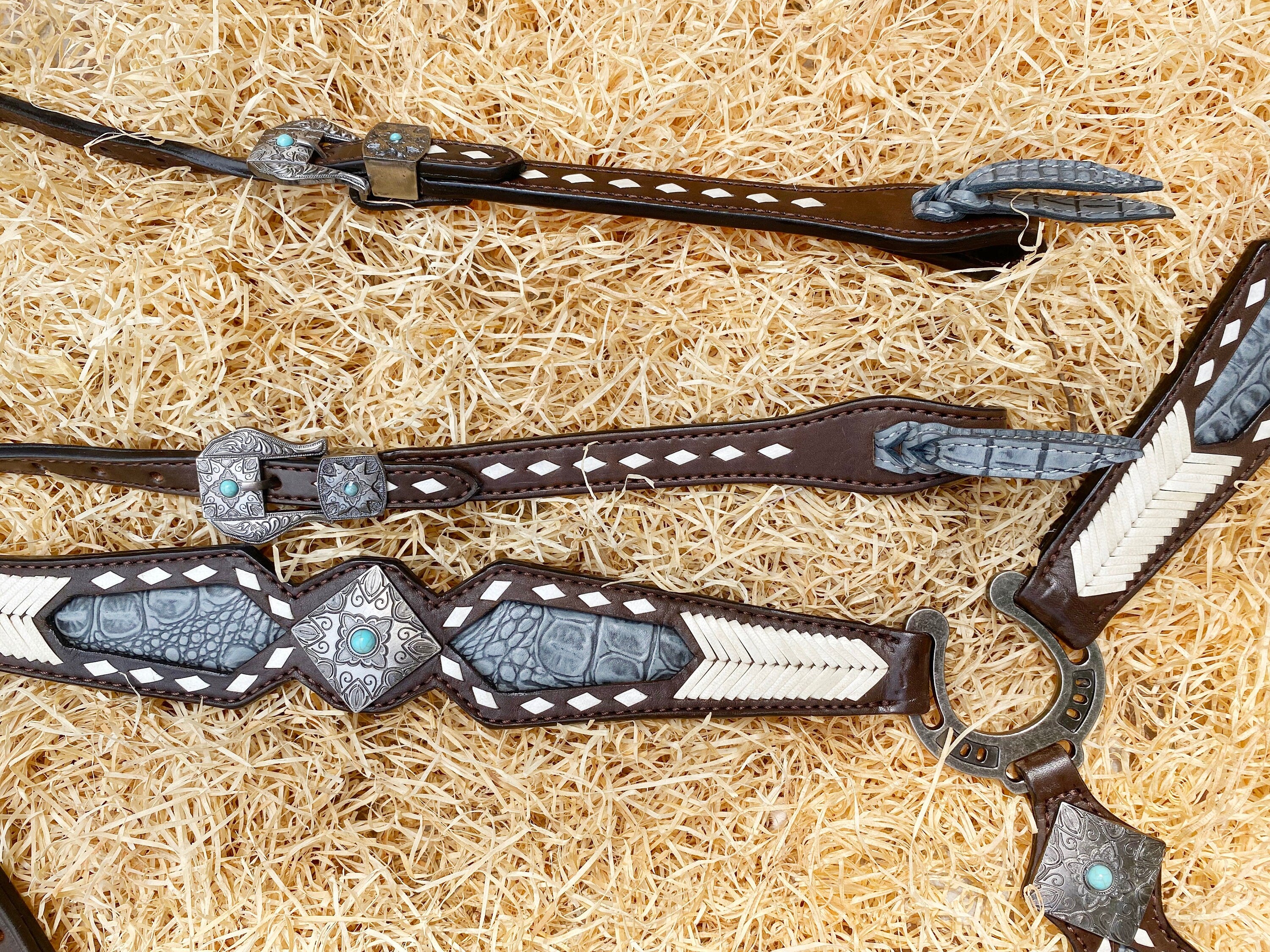 MOUSM Argentina Cow Leather Headstall & Breast Collar Set – Western Horse Tack Set Decorated with Rawhide Geometrical Grading and Grey Alligator Inlay, Antique Nickel & Steel Hardware