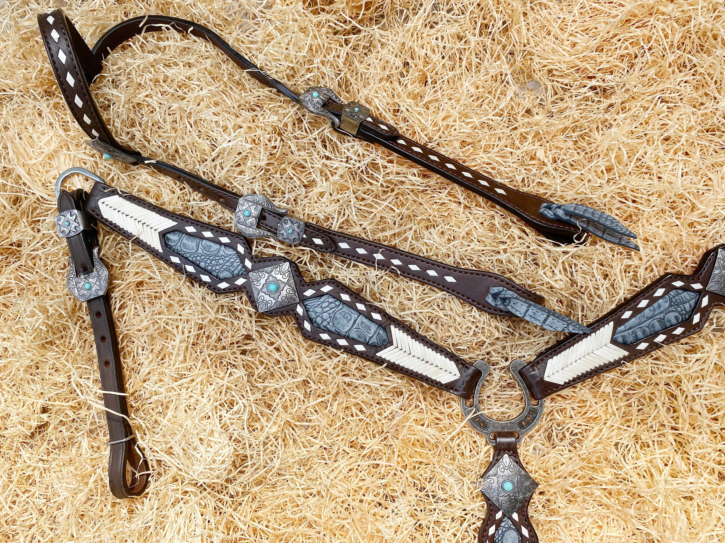 MOUSM Argentina Cow Leather Headstall & Breast Collar Set – Western Horse Tack Set Decorated with Rawhide Geometrical Grading and Grey Alligator Inlay, Antique Nickel & Steel Hardware