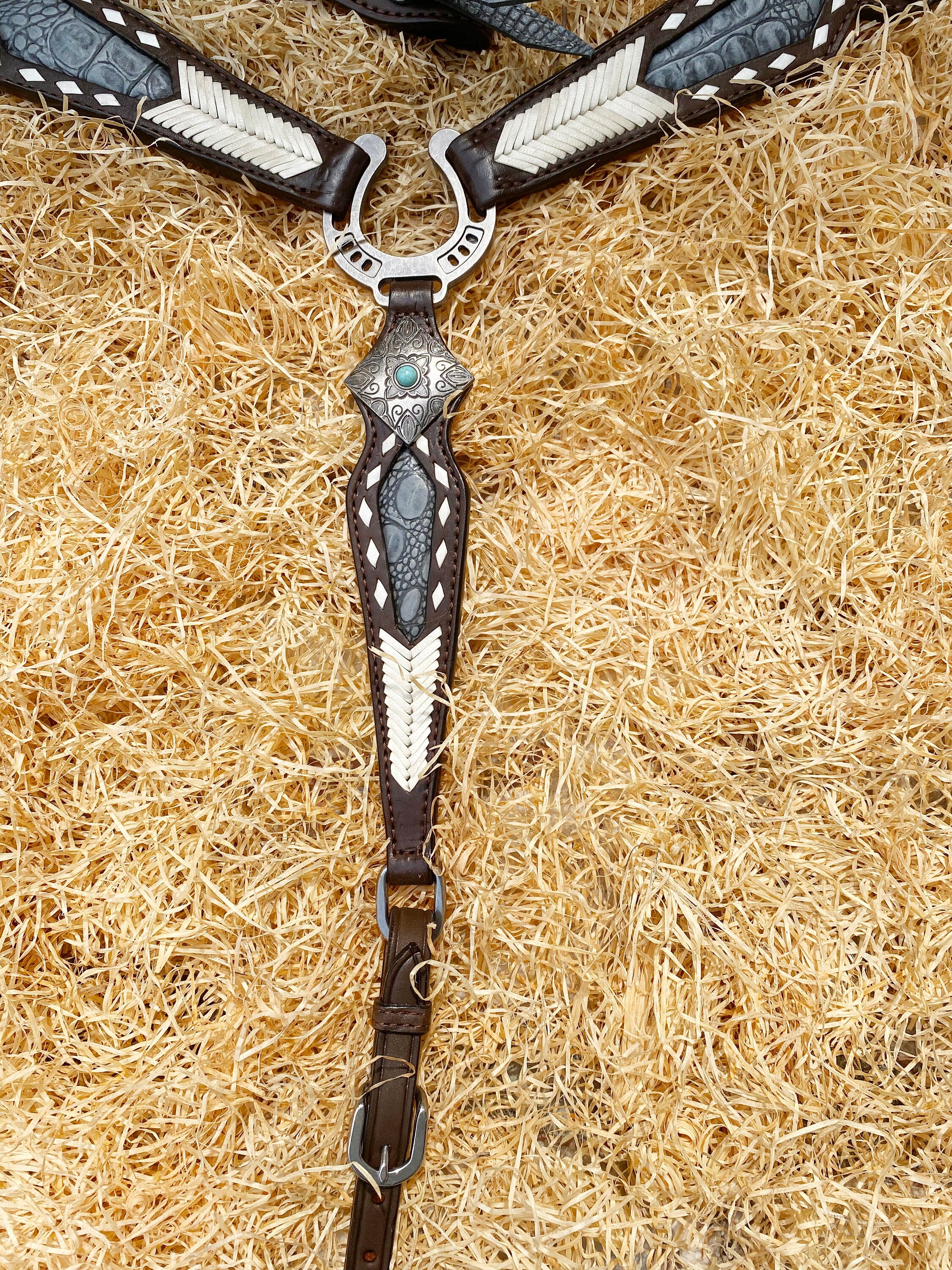MOUSM Argentina Cow Leather Headstall & Breast Collar Set – Western Horse Tack Set Decorated with Rawhide Geometrical Grading and Grey Alligator Inlay, Antique Nickel & Steel Hardware